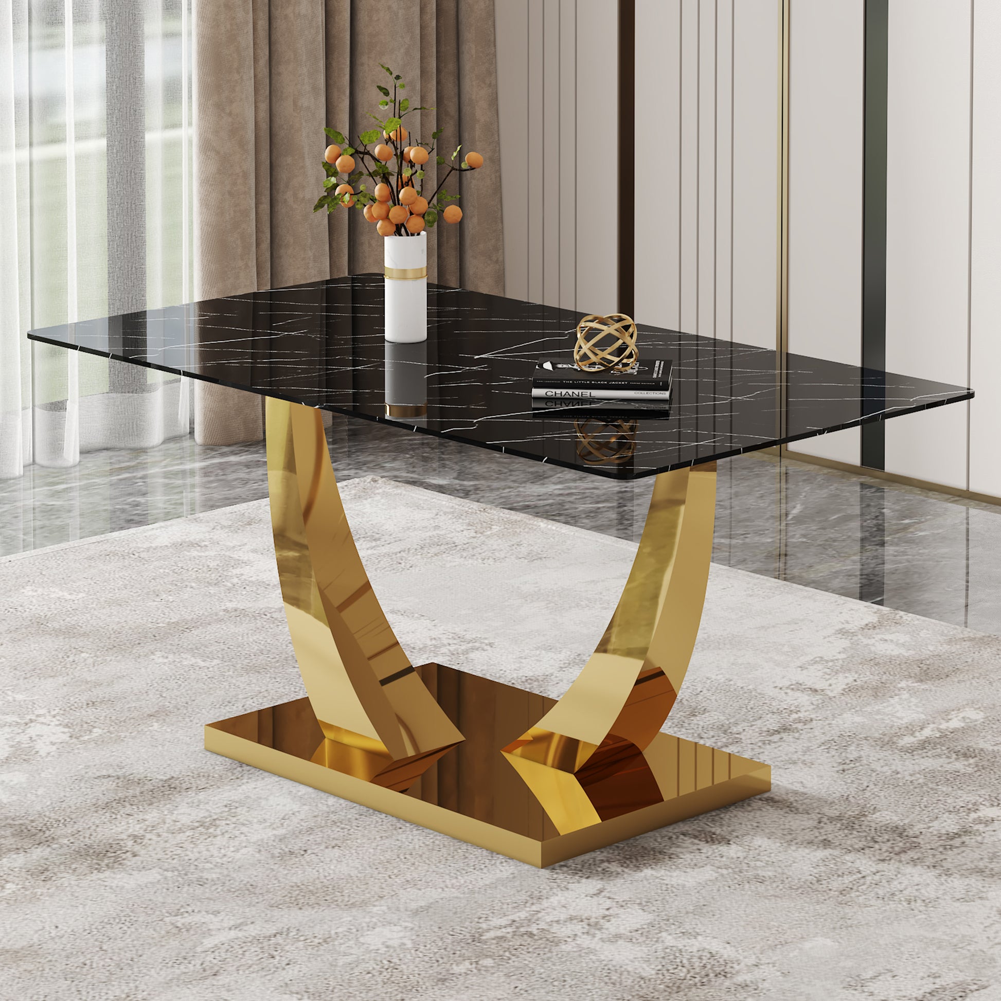 Modern Minimalist Rectangular Glass Dining Table, 0.4 "Thick, Black Sticker Glass Tabletop, Gold Plated Metal Legs. Used In Kitchens, Restaurants, And Living Rooms 63"*35.4"*30" F 1548 Black Gold