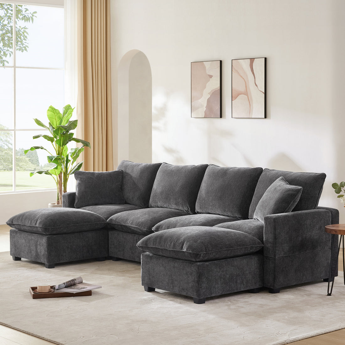 110*57" Modern U Shape Modular Sofa, 6 Seat Chenille Sectional Couch Set With 2 Pillows Included, Freely Combinable Indoor Funiture For Living Room, Apartment, Office, 2 Colors Black Grey Chenille 6 Seat