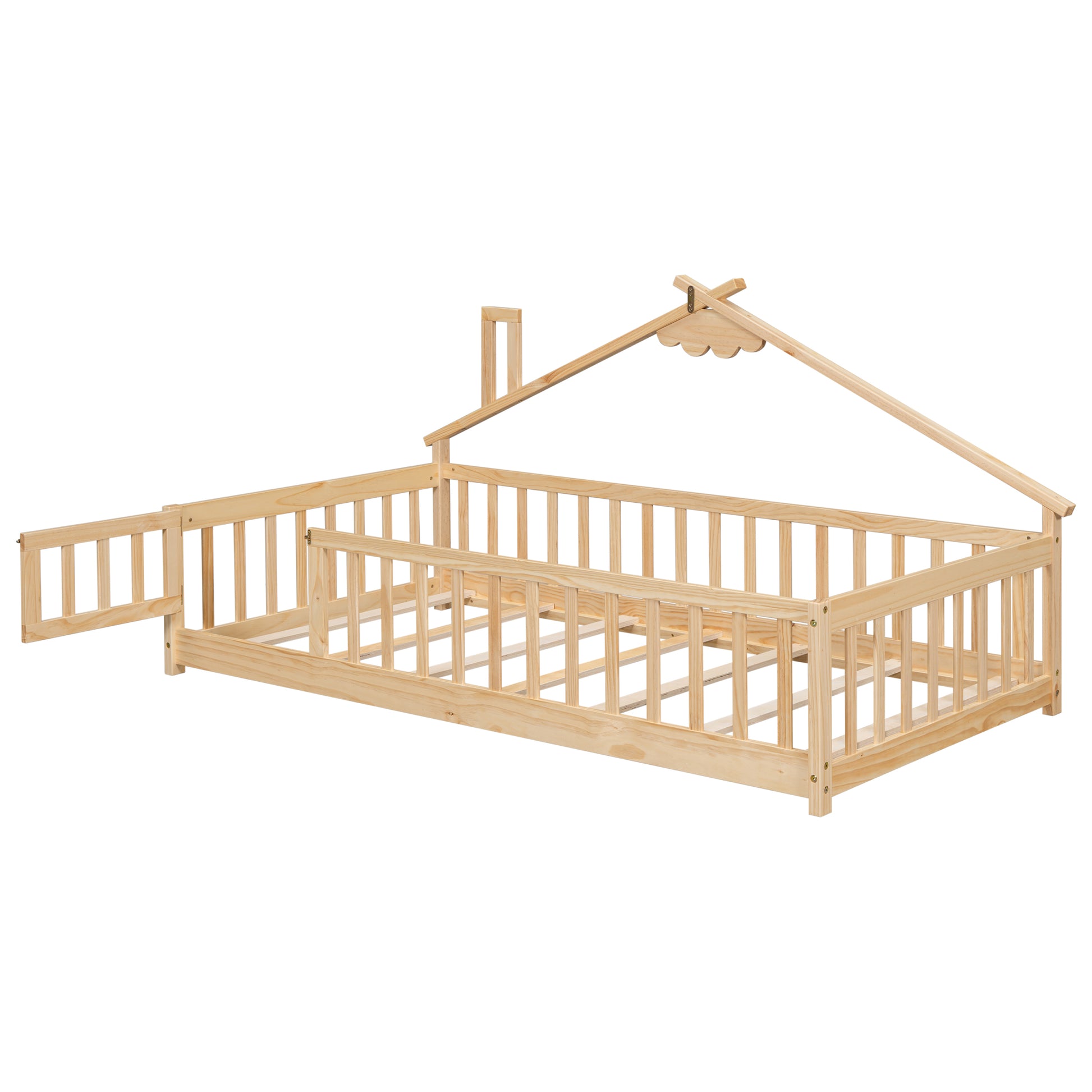 Twin House Shaped Bedside Floor Bed With Guardrails, Slats, With Door,Natural Twin Natural American Design Pine