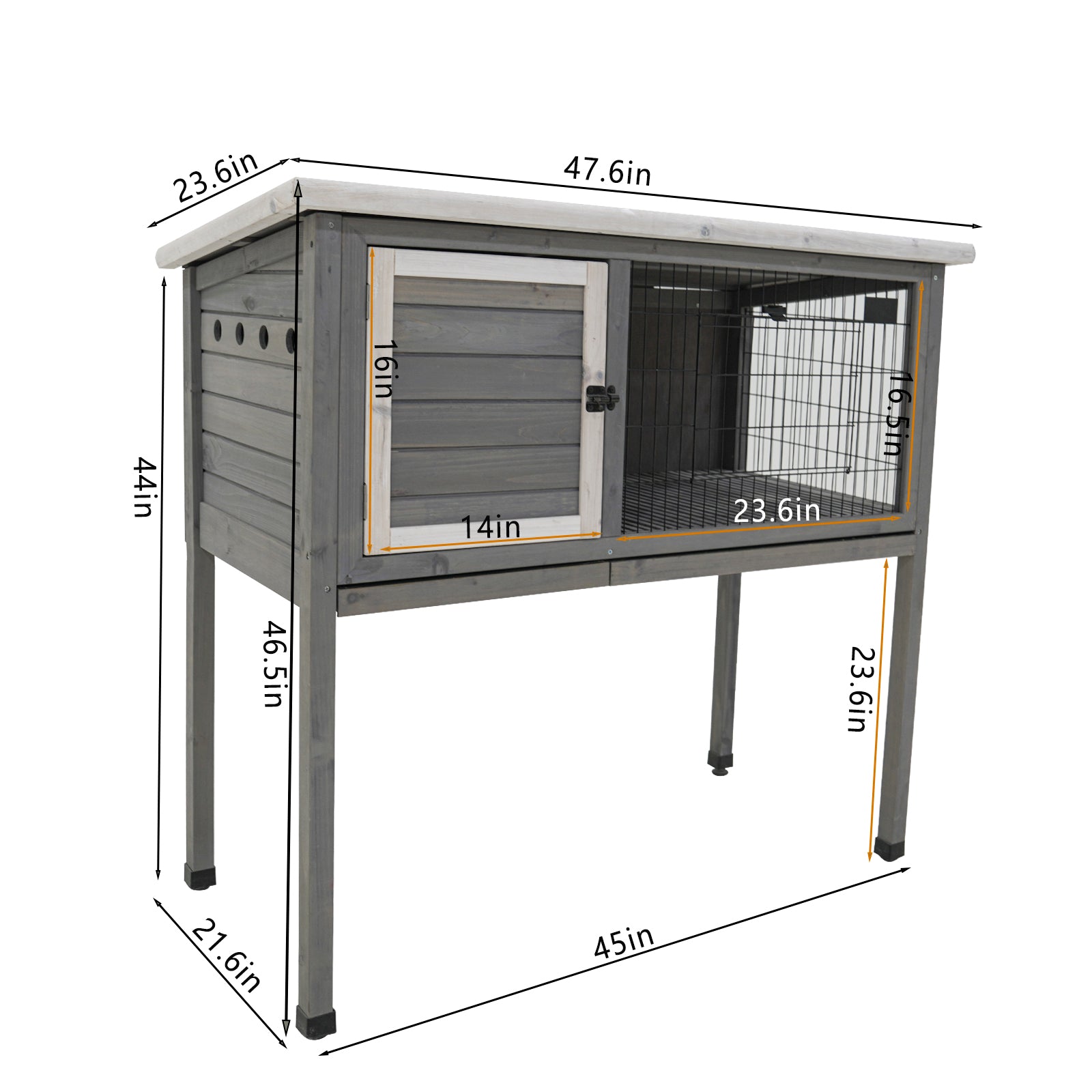 48"Wood Rabbit Hutch, Indoor Outdoor Bunny Cage With Roof And Removable Tray, Chicken Coop With Lockable Door, Guinea Pig Cage, Small Animal Houses & Habitats Grey Gray Solid Wood