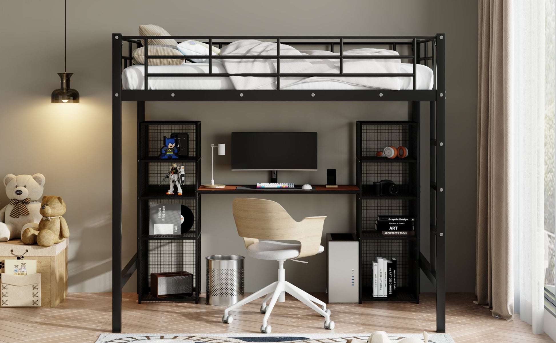 Full Size Metal Loft Bed With Built In Desk And Shelves, Black Brown Box Spring Not Required Full Black Brown Metal Bedroom Mdf Metal
