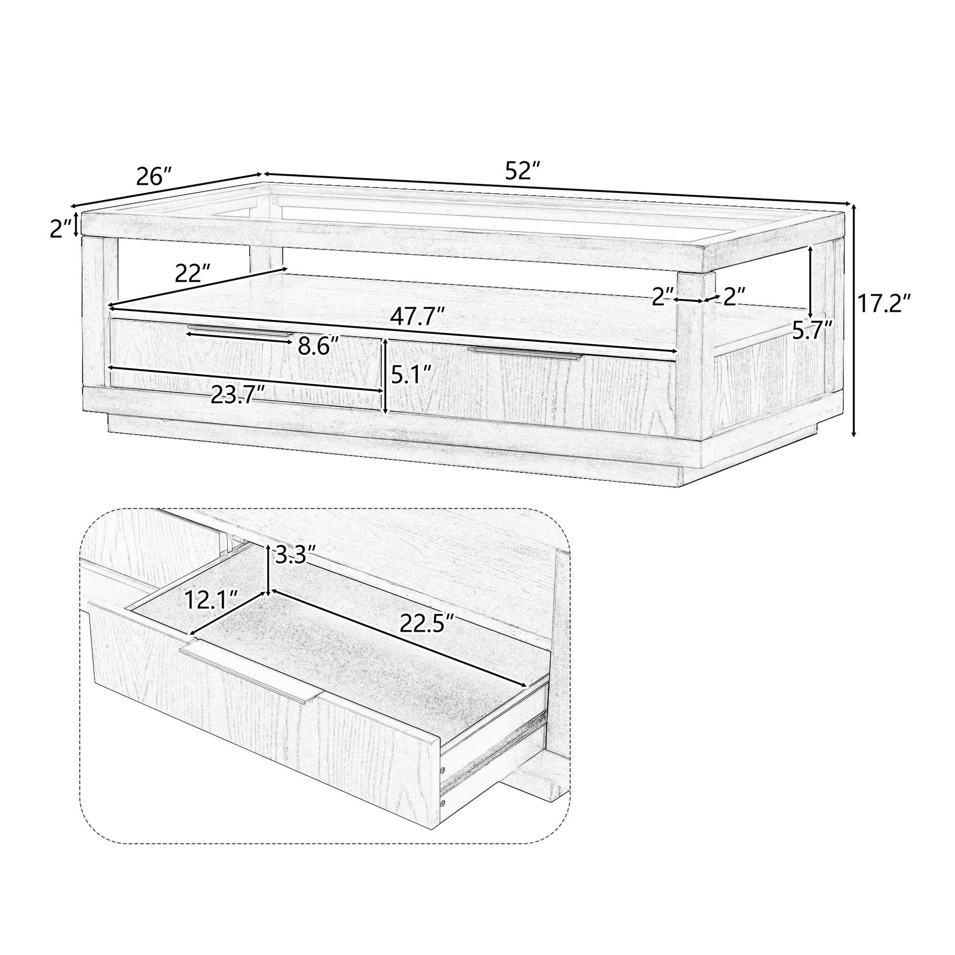 Modern Wood Coffee Table With 2 Drawers ,Minimalist Display Coffee Table With Transparent Tempered Glass, Open Storage Shelf For Living Room Black Solid Wood Mdf