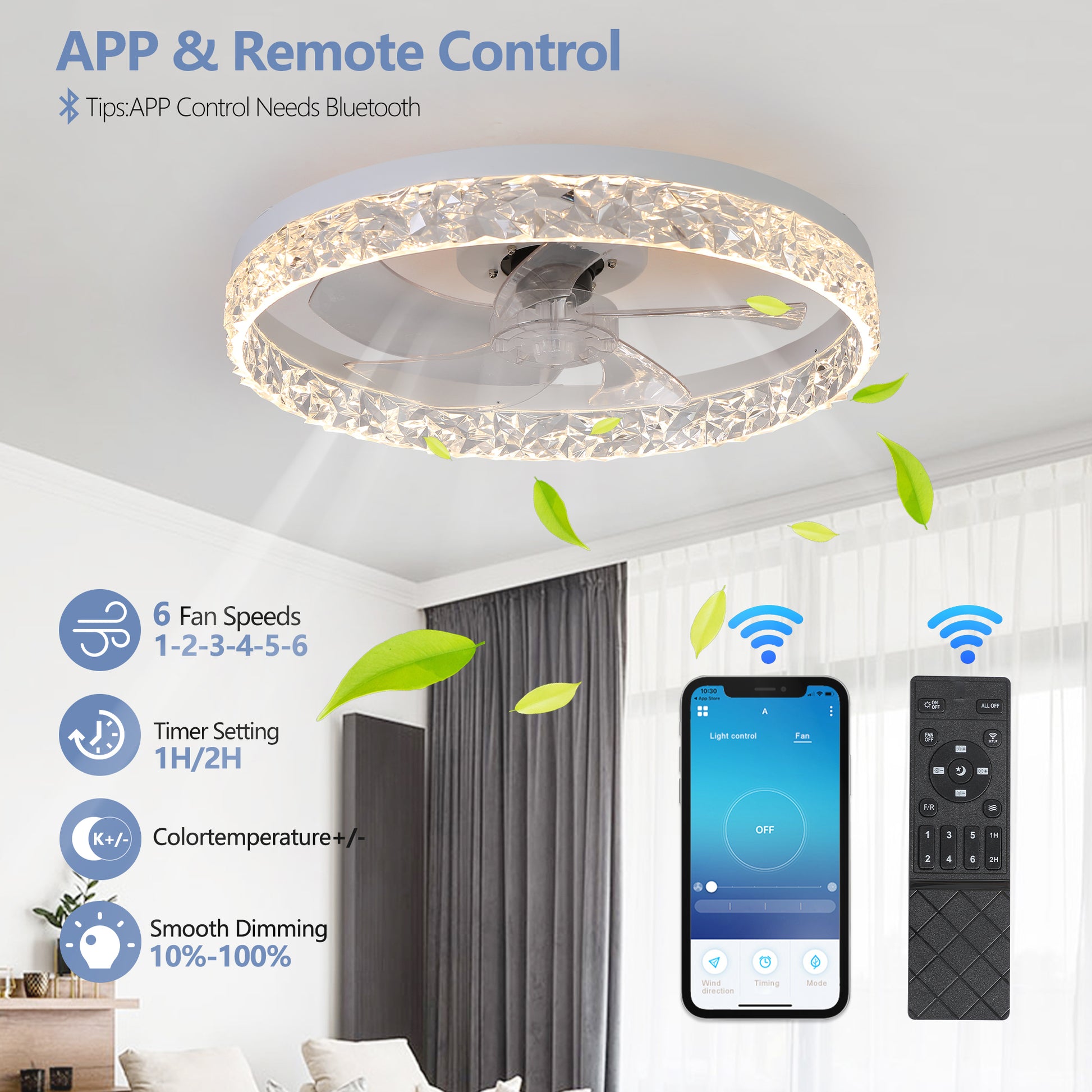 Modern Acrylic Ceiling Fan Light With Remote Control, Dimmable Led Chandelier, 6 Speed Adjustable, Quiet Motor, Flush Mount Design For Living Room, Bedroom, Dining Room White Abs Acrylic