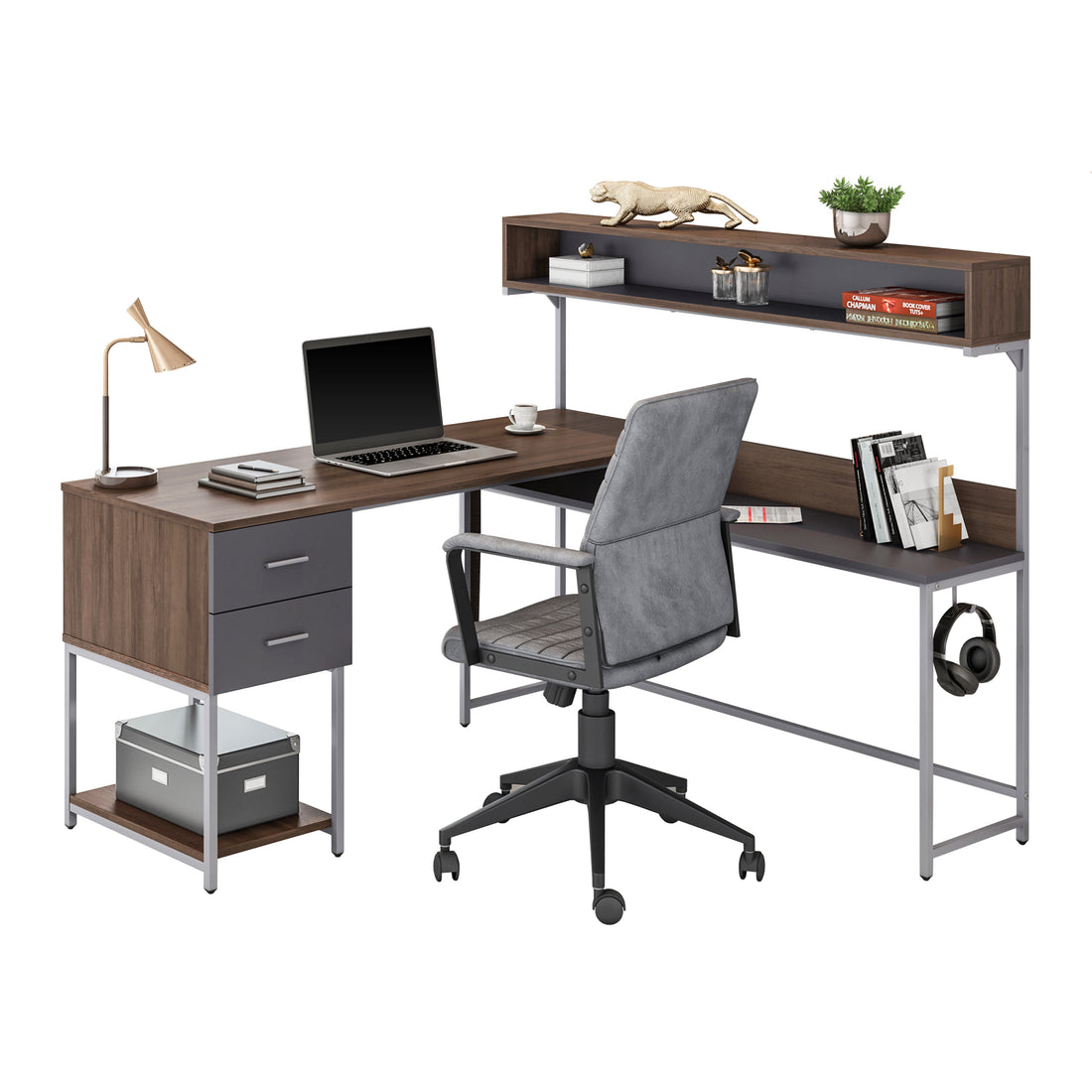 Techni Mobili L Shape Desk With Hutch And Storage, Walnut Walnut Computer Desk Office Modern L Shape Engineered Wood