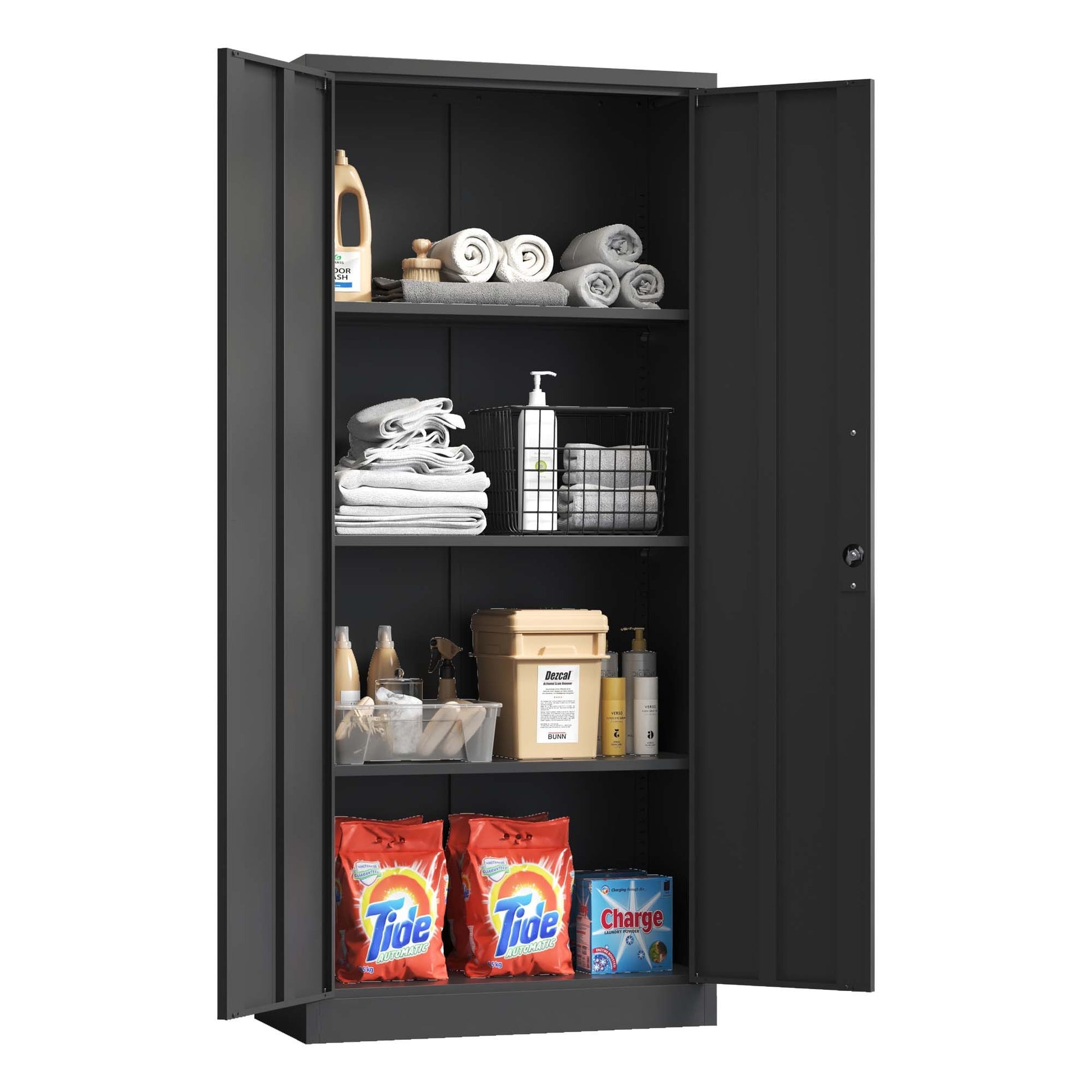 71"H Metal Garage Storage Cabinet, Black Tool Steel Locking Cabinet With Doors And 3 Shelves, Tall Cabinets For Garage Storage Systems Lockable File Cabinet For Home Office, Classroom Pantry Filing Cabinets 3 4 Shelves Black Office Adjustable Shelves