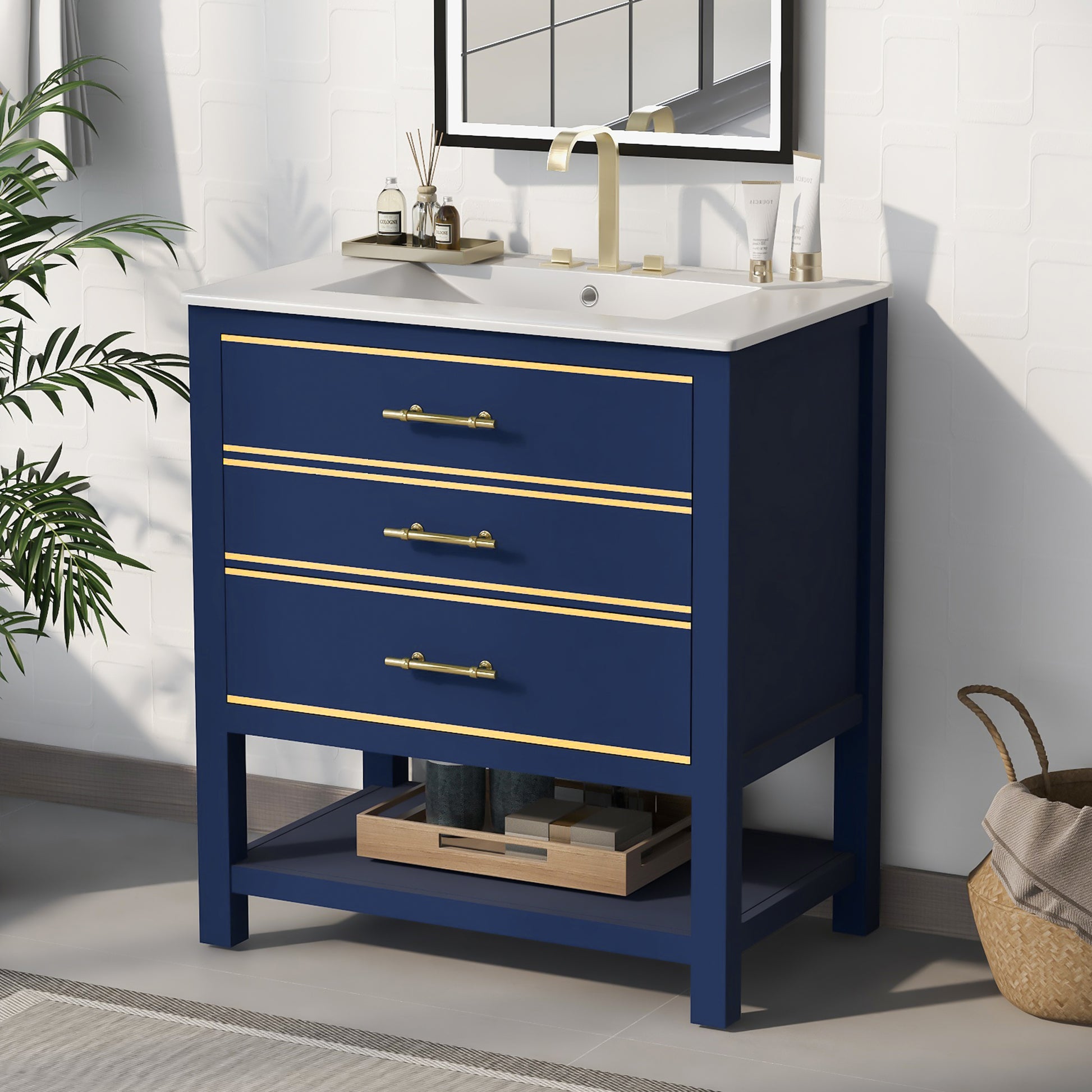 Viedo Modern 30Inch Navy Blue White Bathroom Vanity Cabinet Combo With Openstorge, Two Drawers Blue Bathroom Solid Wood Mdf