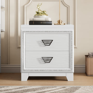 Elegant Nightstand With Metal Handle And Sparkling Shiny Decoration, Bedside Table With 2 Drawers For Bedroom, Living Room, White White 2 Drawers Mdf