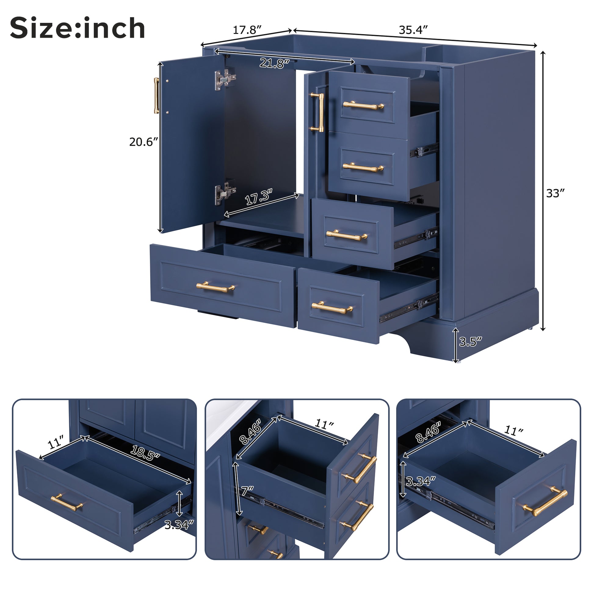 Cabinet Only 36" Blue Traditional Bathroom Vanity Sink Not Included 4 Navy Blue 2 Soft Close Doors Bathroom Freestanding American Traditional Solid Wood Mdf Painted