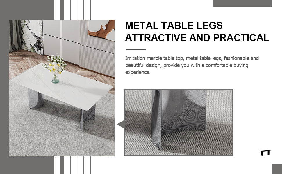 Table And Chair Set, Modern And Minimalist Dining Table. Imitation Marble Glass Sticker Desktop, Stainless Steel Legs, Stable And Beautiful. Comfortable Pu Seats. Dt 69 Silver Glass