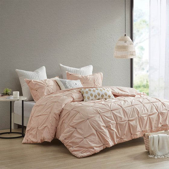 3 Piece Elastic Embroidered Cotton Duvet Cover Set King Pink Cotton