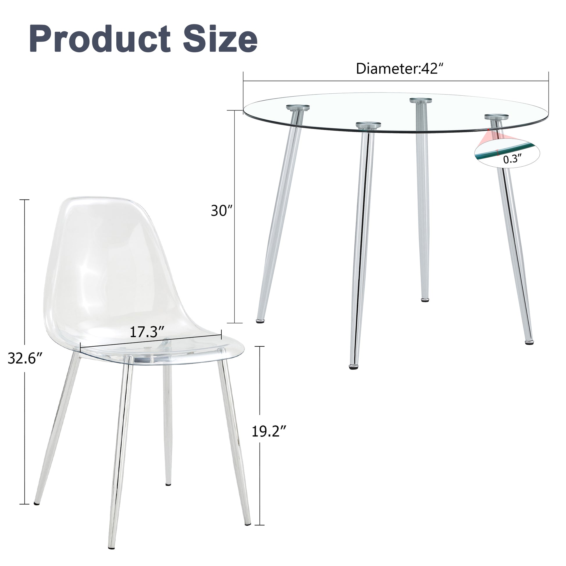 Table And Chair Set.A Modern Minimalist Round Dining Table With Transparent Tempered Glass Top And Silver Metal Legs,Paired With 6 Multiple Transparent High Quality Pet Dining Chairs With Silver Legs. Silver,Transparent Seats 6 Glass Metal