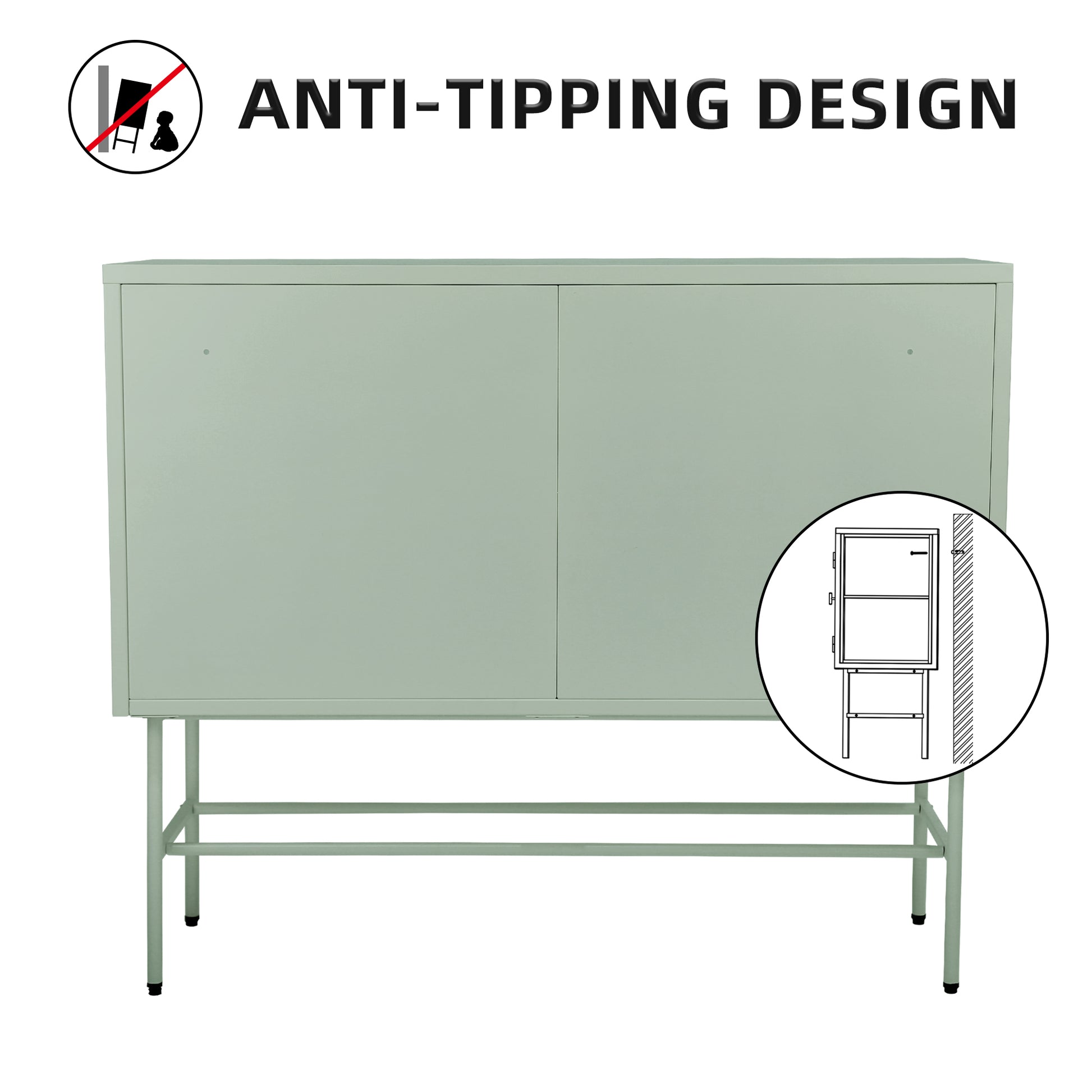 Mint Green Sideboard Storage Cabinet With Two Fluted Glass Doors Detachable Shelves Bottom Space For Living Room, Office, Dinging Room And Entryway Old Sku:W68743733 Green Steel