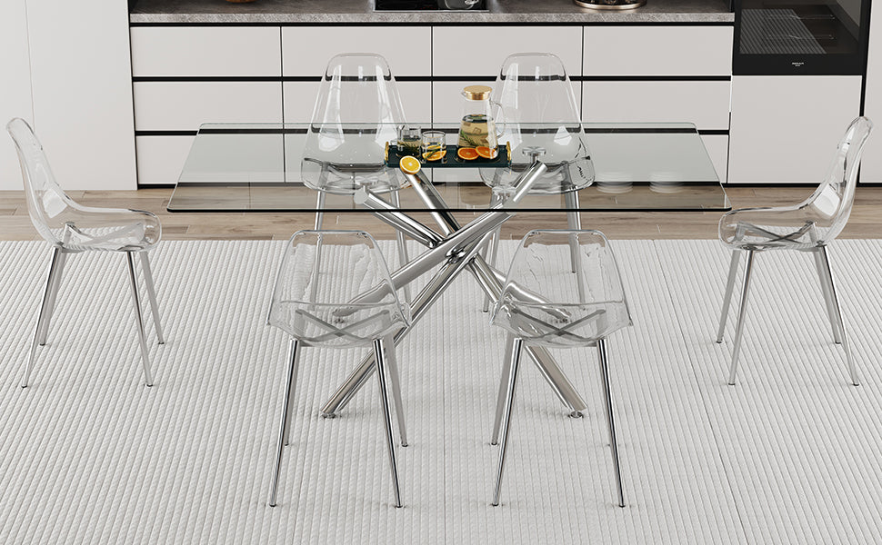 Table And Chair Set.Modern Luxurious Transparent Tempered Glass Dining Table Set With Transparent Pp Chairs.6 Multiple Transparent High Quality Pp Dining Chairs With Silver Legs. Transparent Seats 6