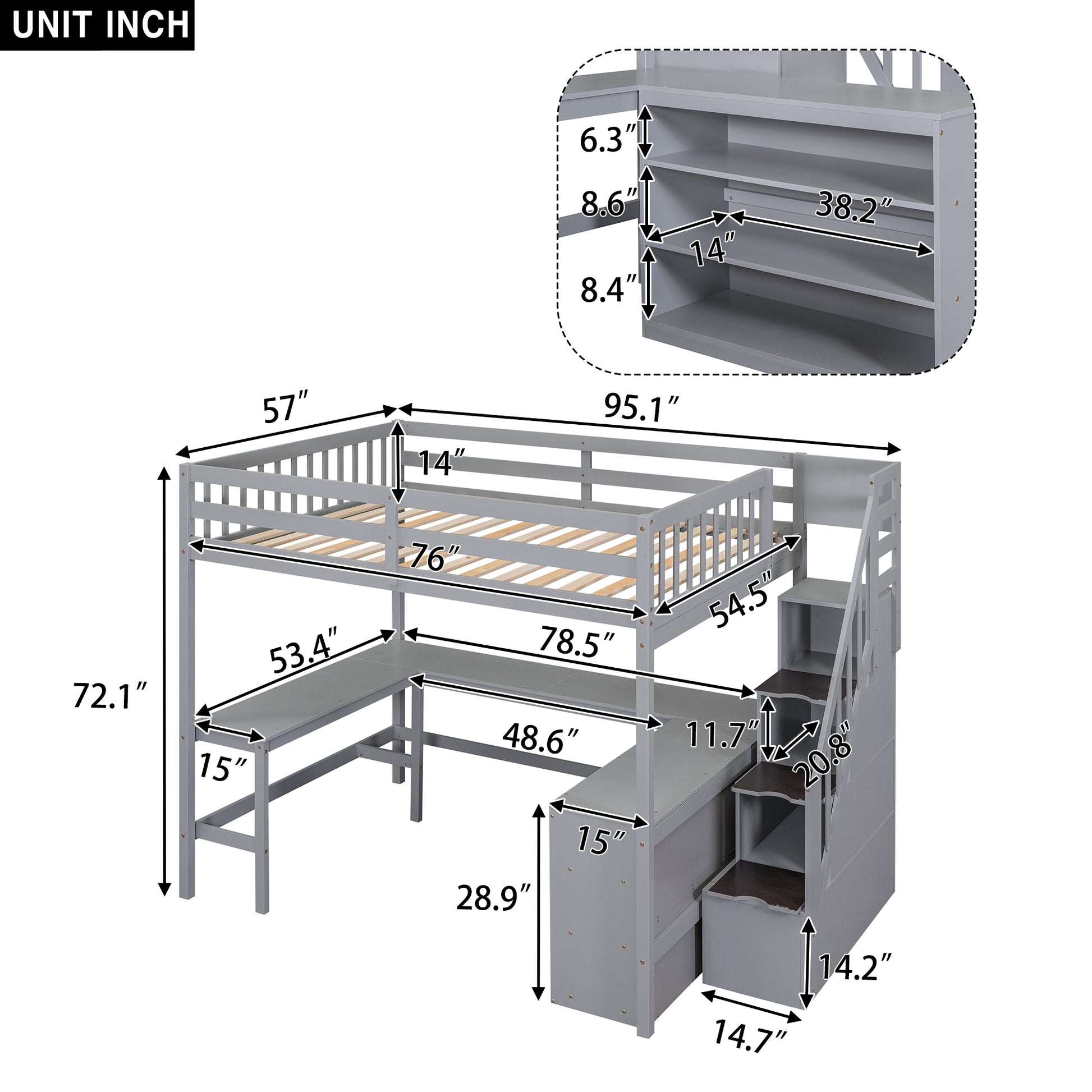 Full Size Loft Bed With Built In L Shaped Desk And Three Tier Storage Shelves,And Attached Storage Staircase,Gray Old Sku: Gx001809Aae Full Gray Pine