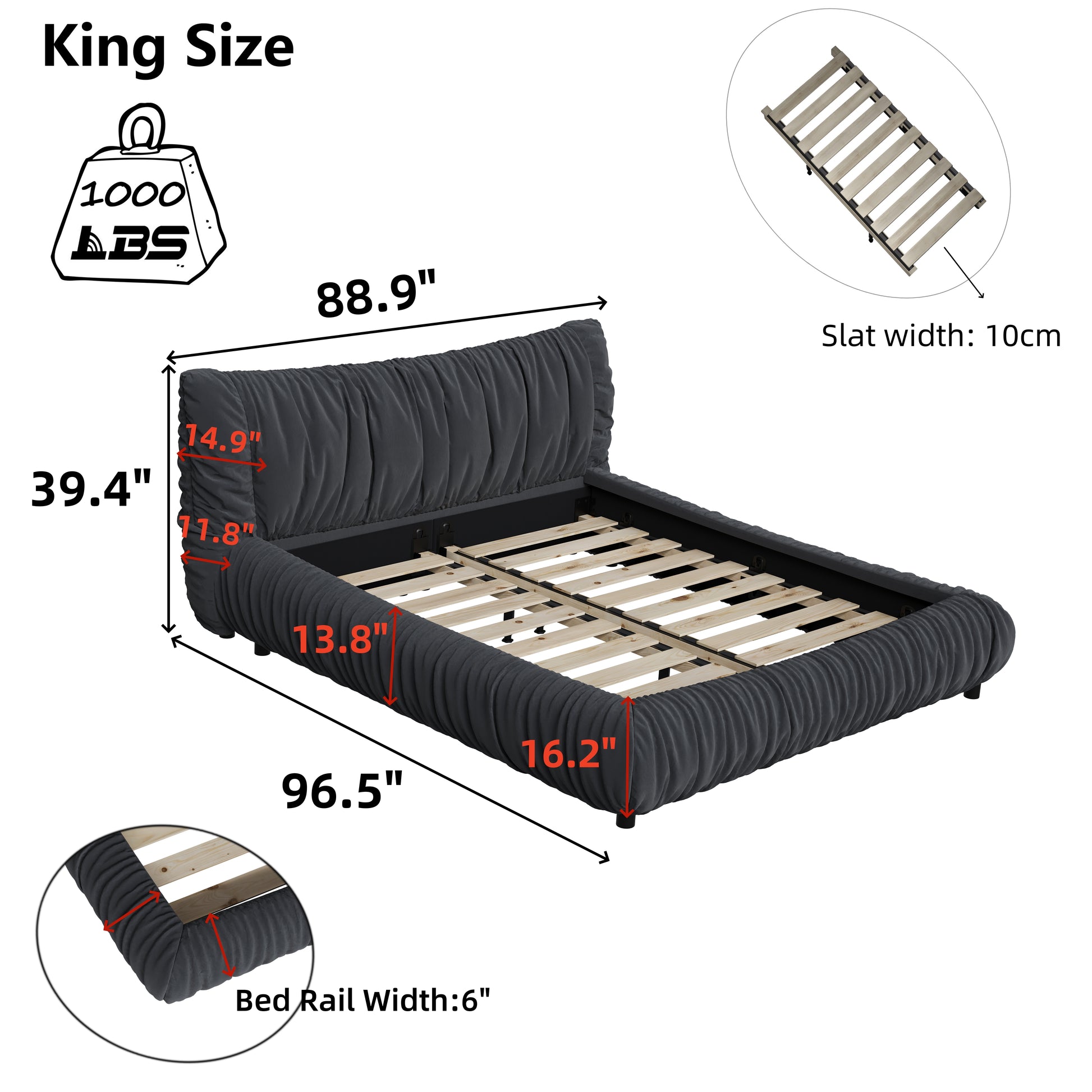 King Size Luxury Upholstered Platform Bed With Removable Cushion And Solid Wood Frame,Suitable For Multiple Heights Of Mattresses,Dark Grey King Dark Grey Upholstered
