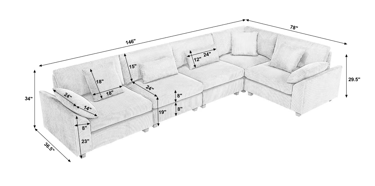 Oversized Modular Sectional Sofa Couch Set,L Shaped Sofa Sectional, 5 Seater Sofa For Living Room Corduroy Upholstered Sofa Set With 7 Free Pillowsbrown Brown Fabric 5 Seat