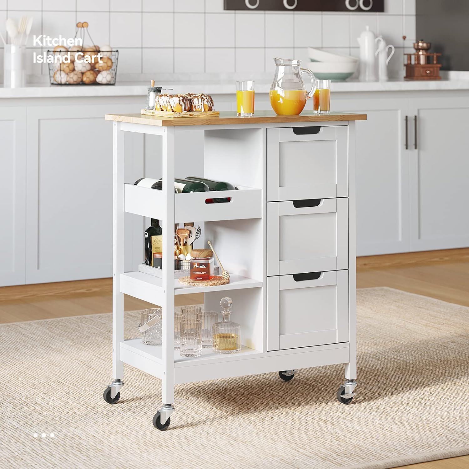 Rolling Portable Small Kitchen Island Cart On Wheels With Solid Wood Top, Dining Room Serving Utility Carts Mobile Movable With 3 Drawers And Storage Shelves Cabinet, White White White Dining Room American Design Rectangular Kitchen Island Sets Mdf Small