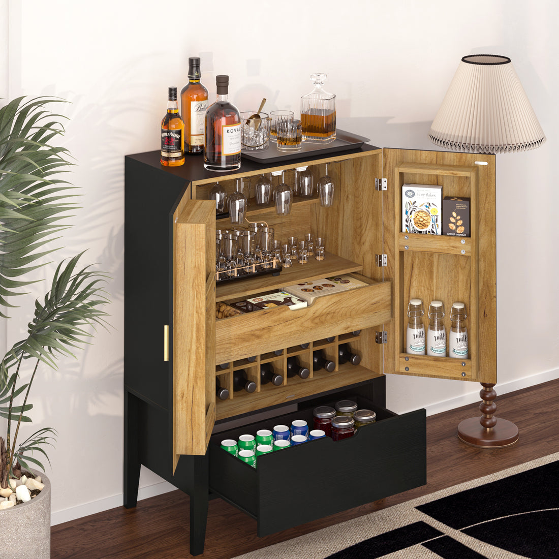 Lockers,Side Cabinets,Wine Bar Cabinet,Liquor Storage Credenza,Sideboard With Wine Racks & Stemware Holder,Wine Glass Holder,Metal Handle, Placed In Family Bars,Hallways,Living Rooms,Color:Black Brown 5 Or More Spaces Black Brown Primary Living Space