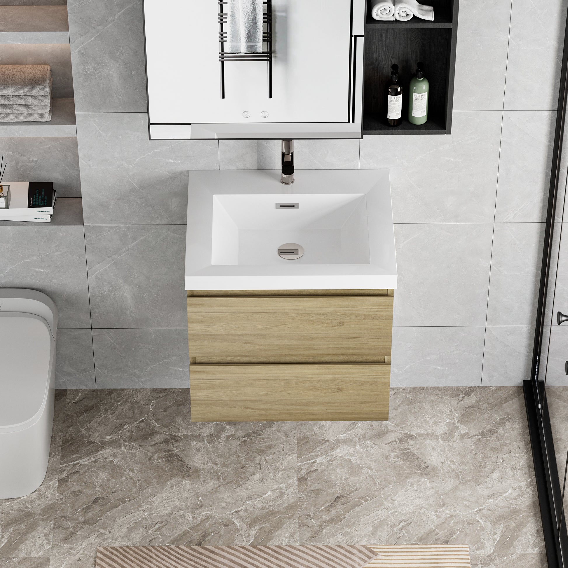 30" Floating Bathroom Vanity With Sink, Modern Wall Mounted Bathroom Storage Vanity Cabinet With Resin Top Basin And Soft Close Drawers, Natural Oak 24V11 30No 24Vangela 30 6066 2 Oak Bathroom Wall Mounted Mdf