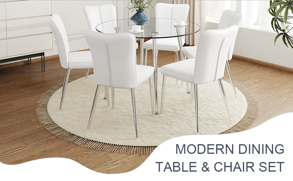 Table And Chair Set.A Modern Minimalist Round Dining Table With Transparent Tempered Glass Top And Silver Metal Legs,Paried With 6 Chairs With Pu Backrest And Seat Cushion And Silver Metal Legs.