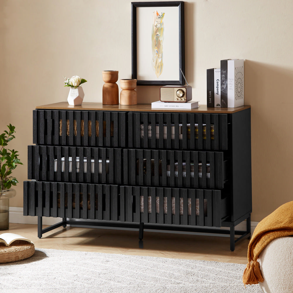 6 Drawer Double Dresser With Slatted Grille Striped Drawer, Modern Sty 6 Drawer Double Dresser With Slatted Grille Striped Drawer, Modern Sty