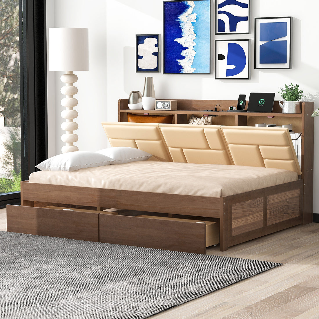 Full Size Wood Daybed With Upholstered Storage Shelves, Usb Ports And 2 Drawers, Wood Color Box Spring Not Required Full Wood Wood Bed Frame Solid Wood Mdf