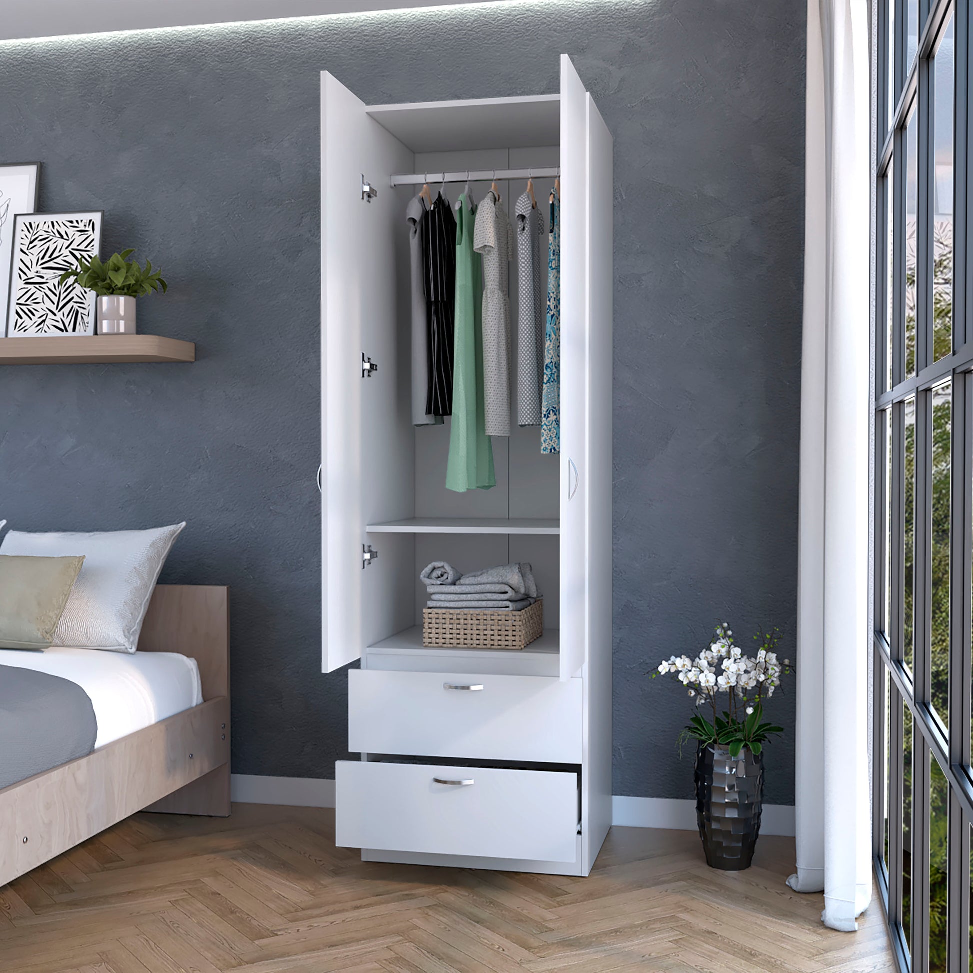 Tall Mayer Wardrobe In Melamine With Two Doors And Two Drawers White Particle Board Melamine