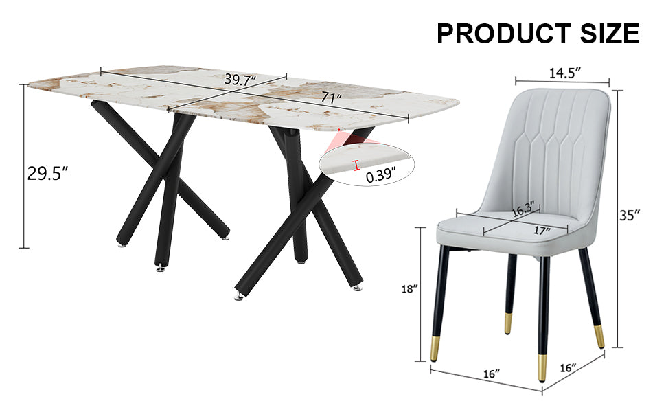 1 Table And 8 Chairs Set.A Rectangular Dining Table With A 0.39 Inch Imitation Marble Tabletop And Black Metal Legs.Paired With 8 Chairs With Pu Leather Seat Cushion And Black Metal Legs.F 1538,C 007 Black Glass Metal