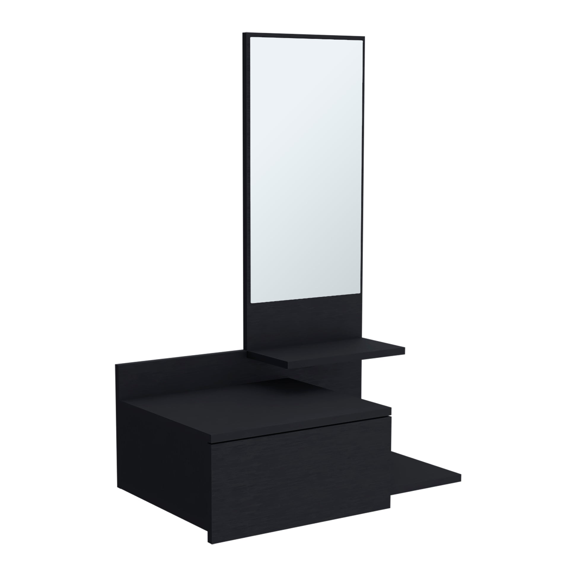 Vienna 23.6" Wide 3 Tier Shelf Floating Mirror Console Table, Full Extension Drawer Black Black Particle Board