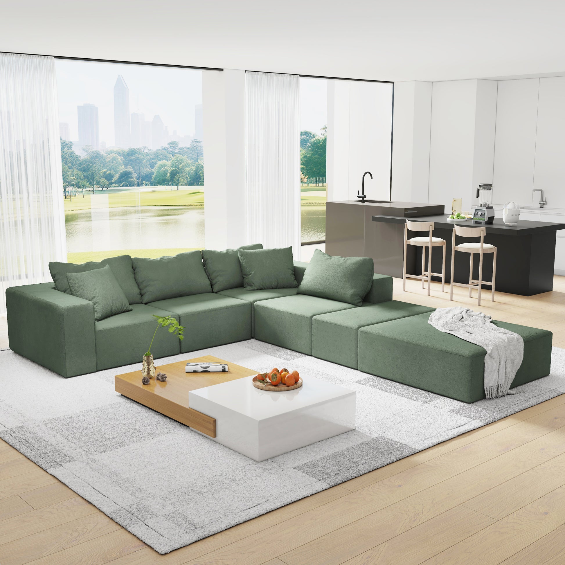 Modern Upholstered Sectional Sofa Couch Set,Modular 132" L Shaped Sectional Living Room Sofa Set With 6 Pillows,Free Combination Sofa Couch For Living Room,Bedroom Green Foam Chenille 6 Seat