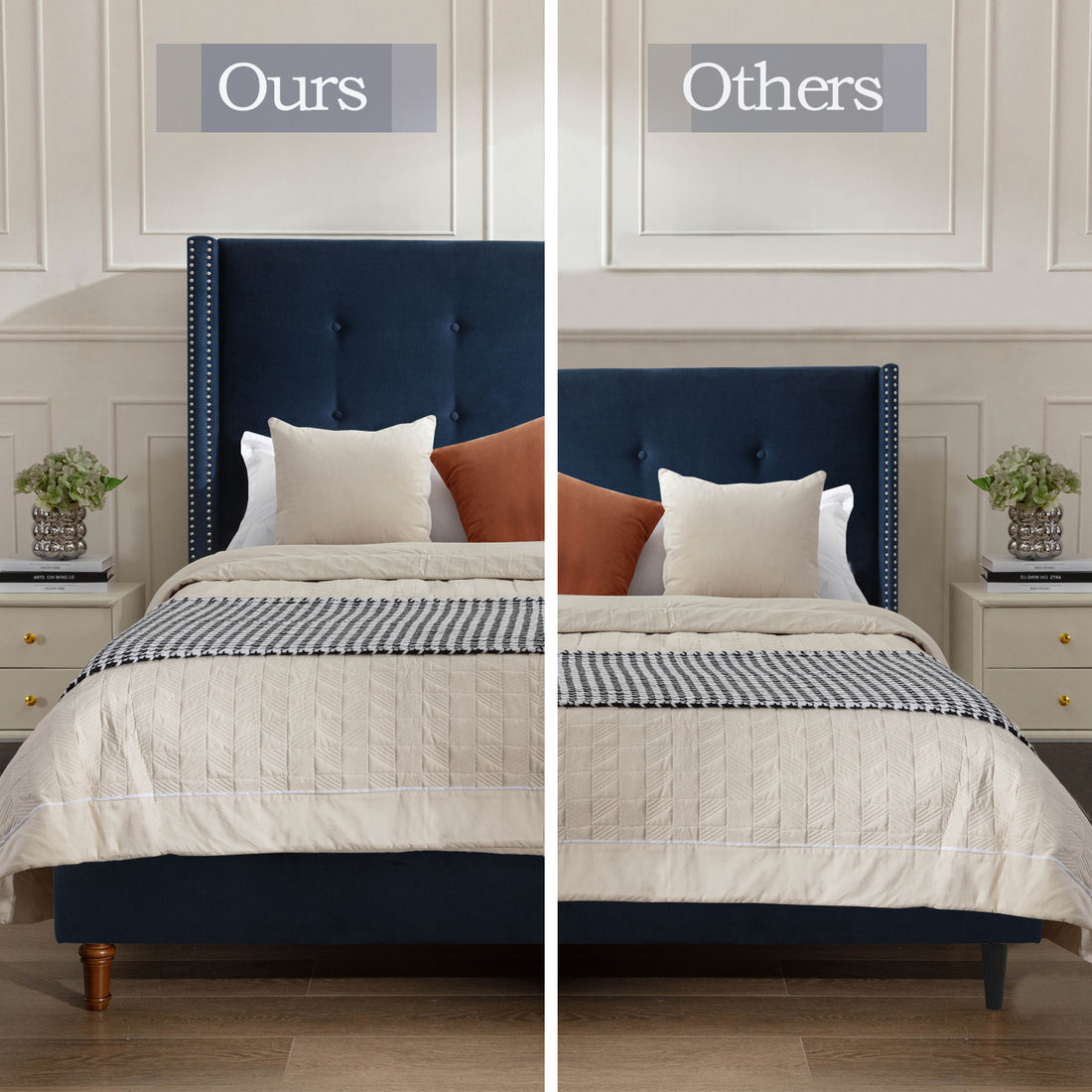 Peyton Upholstered Queen Bed 54" High Headboard Traditional Hand Buttoned Tufting Trim Wingback No Box Spring Needed Easy Assembly Blue Velvet Box Spring Not Required Queen Blue Metal Brown Bedroom Classic,European,Modern,Traditional Oak Bed Frame Foam