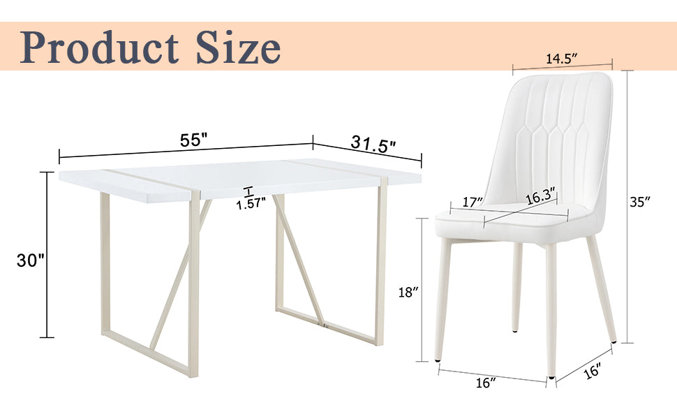 55"X31.5" Cream Style White Mdf Dining Table Set With 4 Armless Cream Style Chairs.Mdf Tabletop And Metal Frame Legs.Adding A Warm And Gentle Atmosphere To Your Family. White Seats 4 Mdf Metal