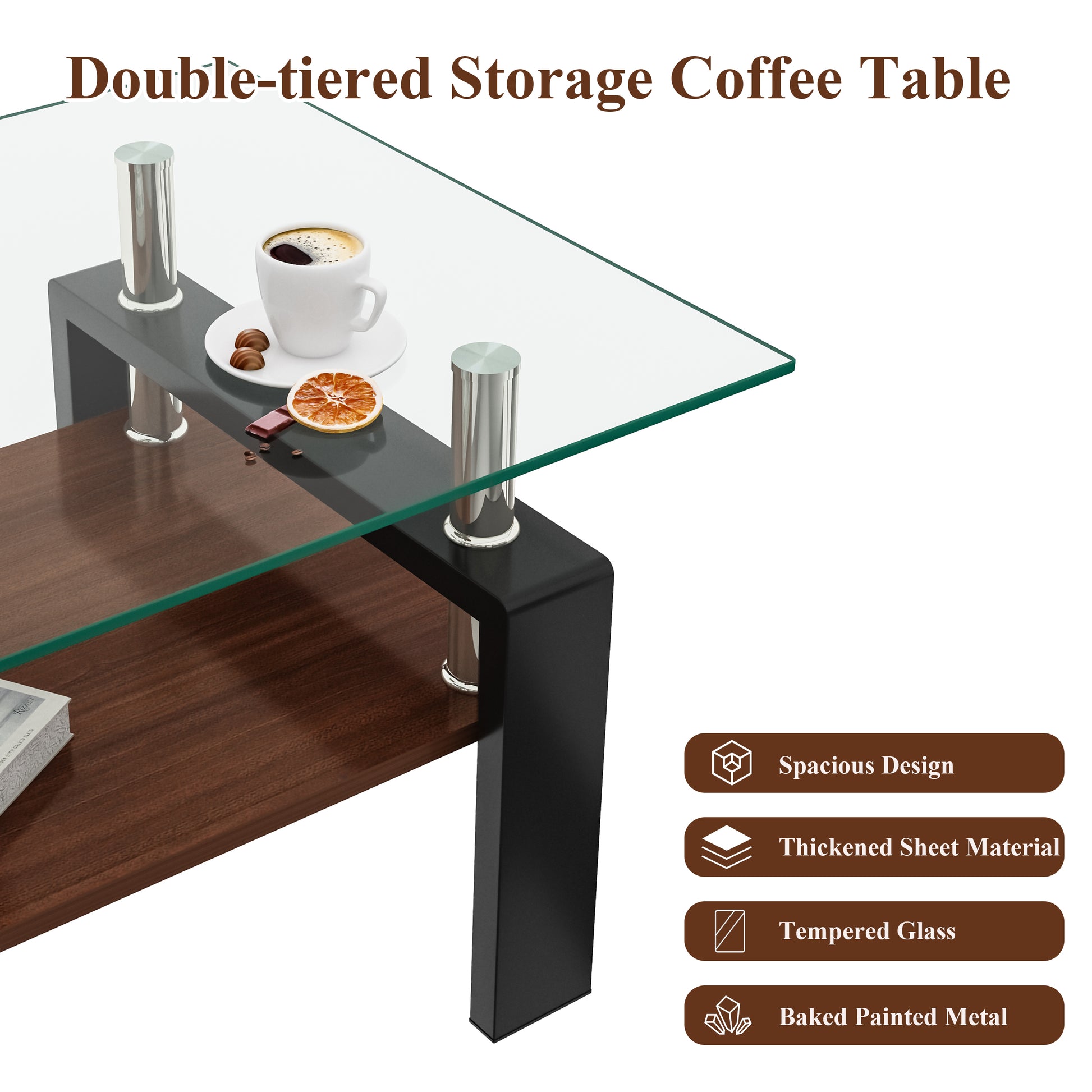 Rectangle Coffee Table, Tempered Glass Tabletop With Mdf Layer, Modern Table For Living Roomtransparent Glass Transparent Tempered Glass