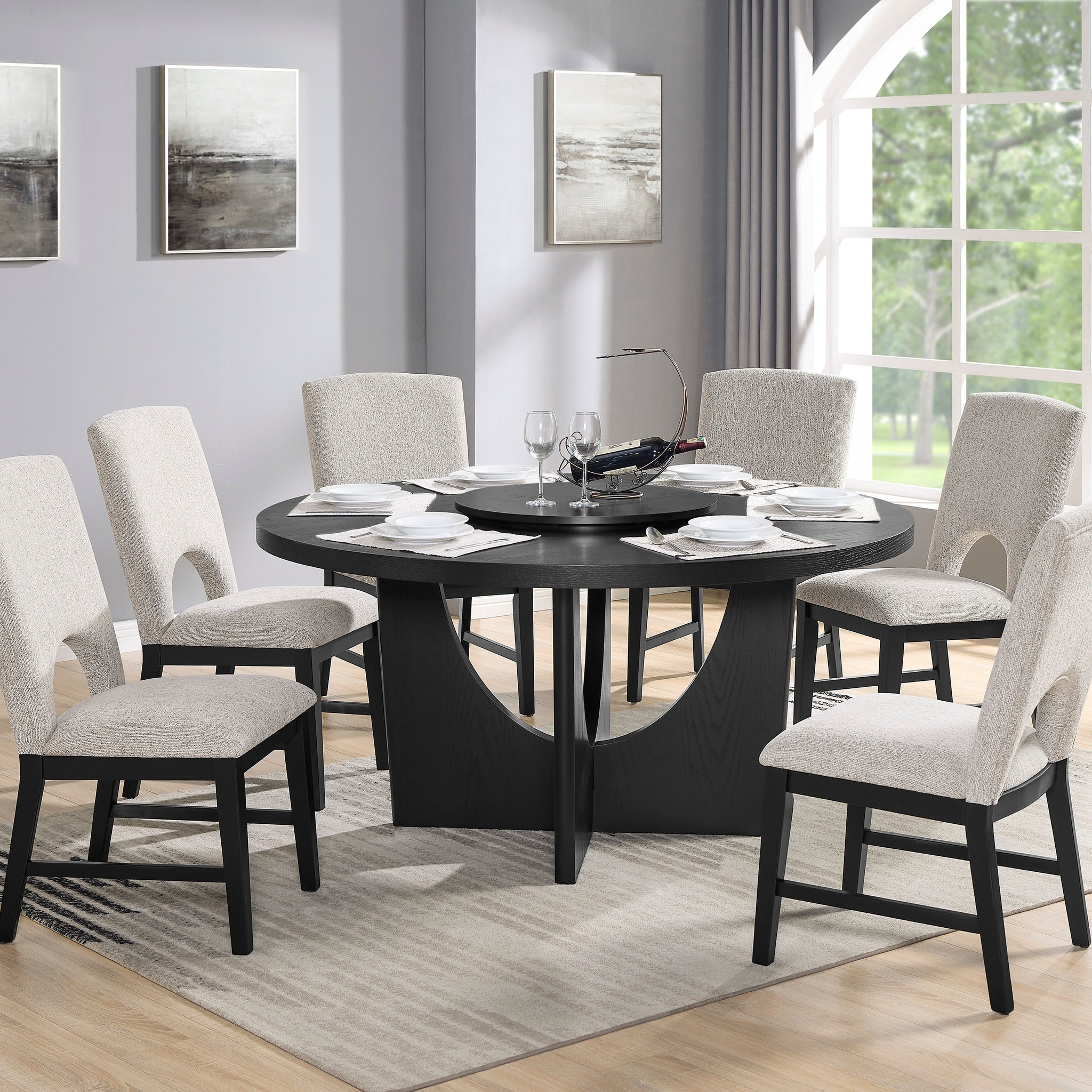 7Pc Modern Round Table Black Finish W Lazy Susan Wooden Contemporary 6X Side Chair Upholstered Seat Dining Room Wooden Fabric Wood Furniture Wood Wood Black Seats 6 Wood Dining Room 60 Inches Contemporary,Modern Pedestal Round Dining Table With Chair