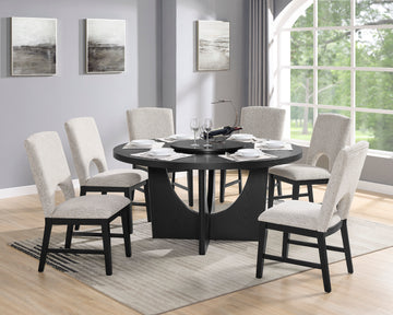 7Pc Modern Round Table Black Finish W Lazy Susan Wooden Contemporary 6X Side Chair Upholstered Seat Dining Room Wooden Fabric Wood Furniture Wood Wood Black Seats 6 Wood Dining Room 60 Inches Contemporary,Modern Pedestal Round Dining Table With Chair