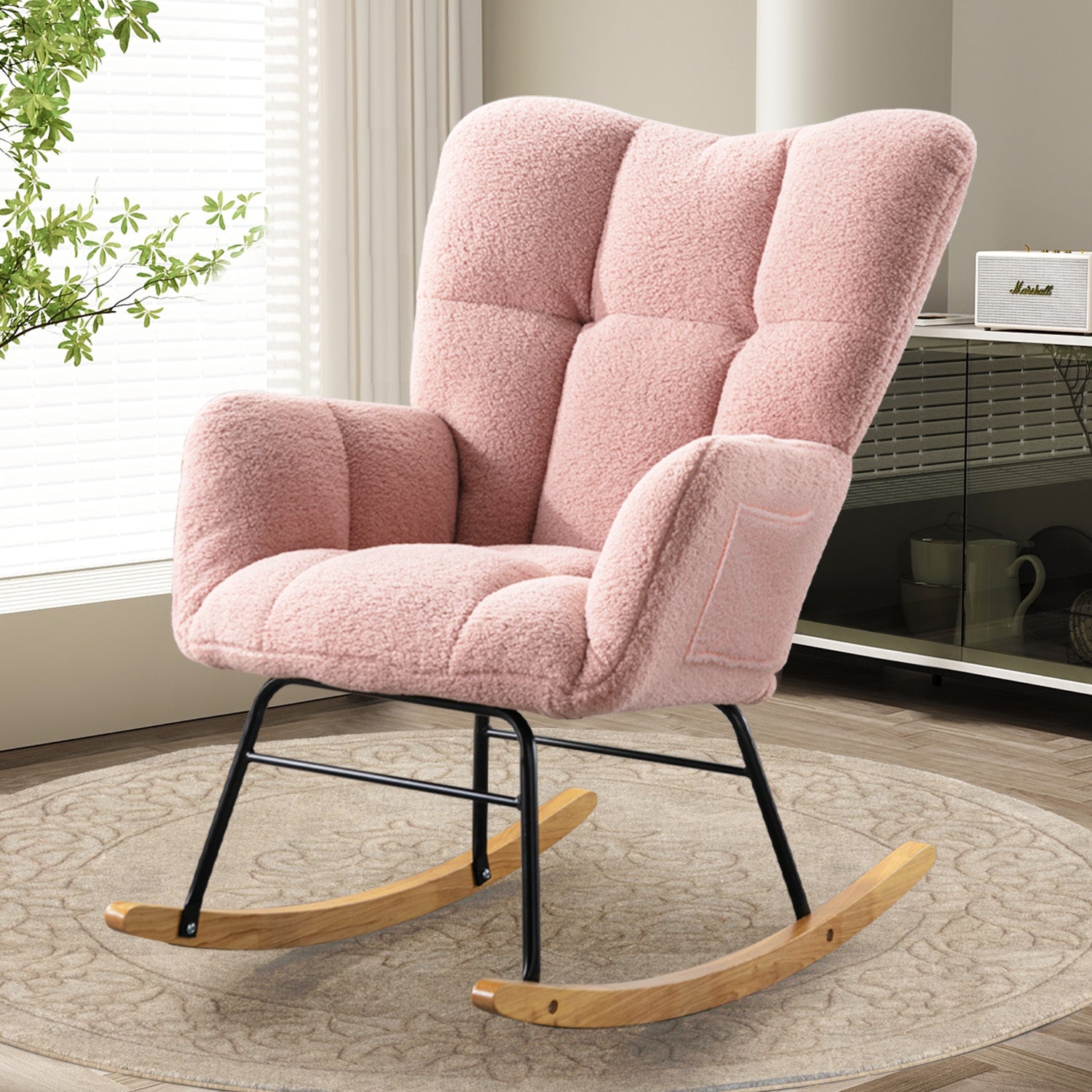 Teddy Fabric Rocking Chair, Upholstered Rocker Armchair With High Backrest, Modern Rocking Accent Chair For Nursery, Living Room, Bedroom, Pink Metal Pink Light Brown Bedroom Foam Wipe Clean Modern Rocking Chairs Rubberwood Tufted Back Foam Fabric