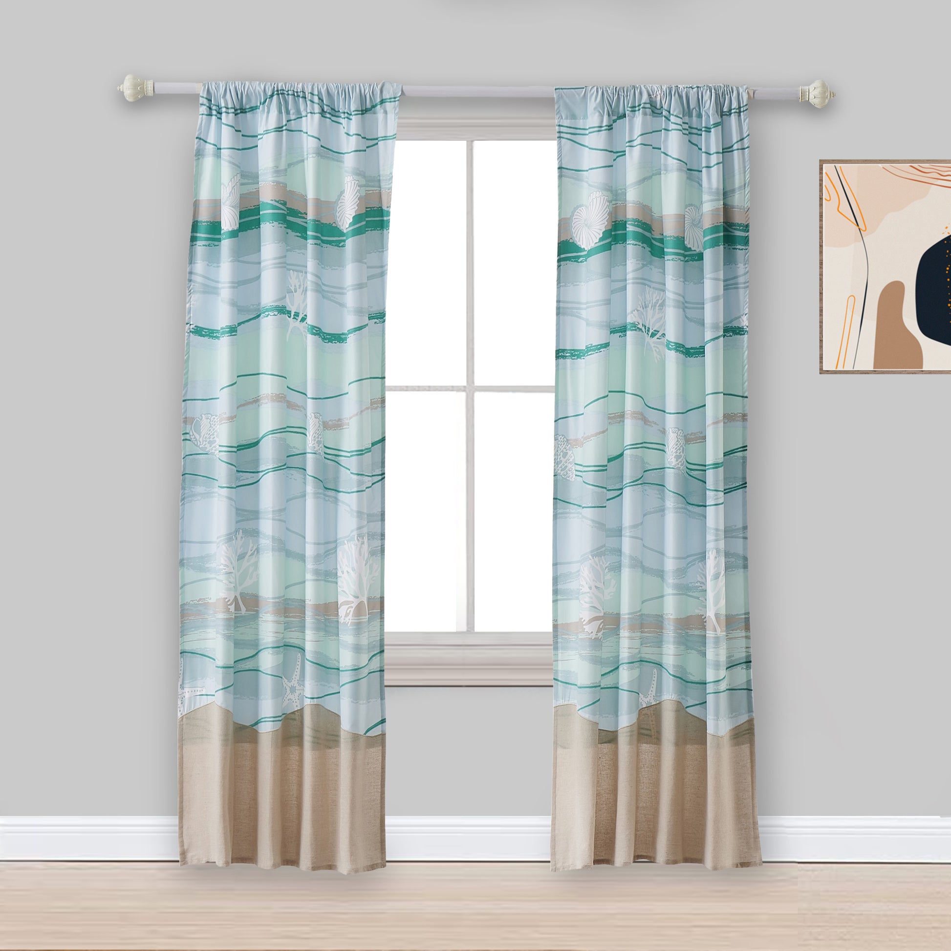 Vira 63 Inch Window Curtains, Ocean Waves And Sand Print, Rod Pockets Blue Brown Microfiber