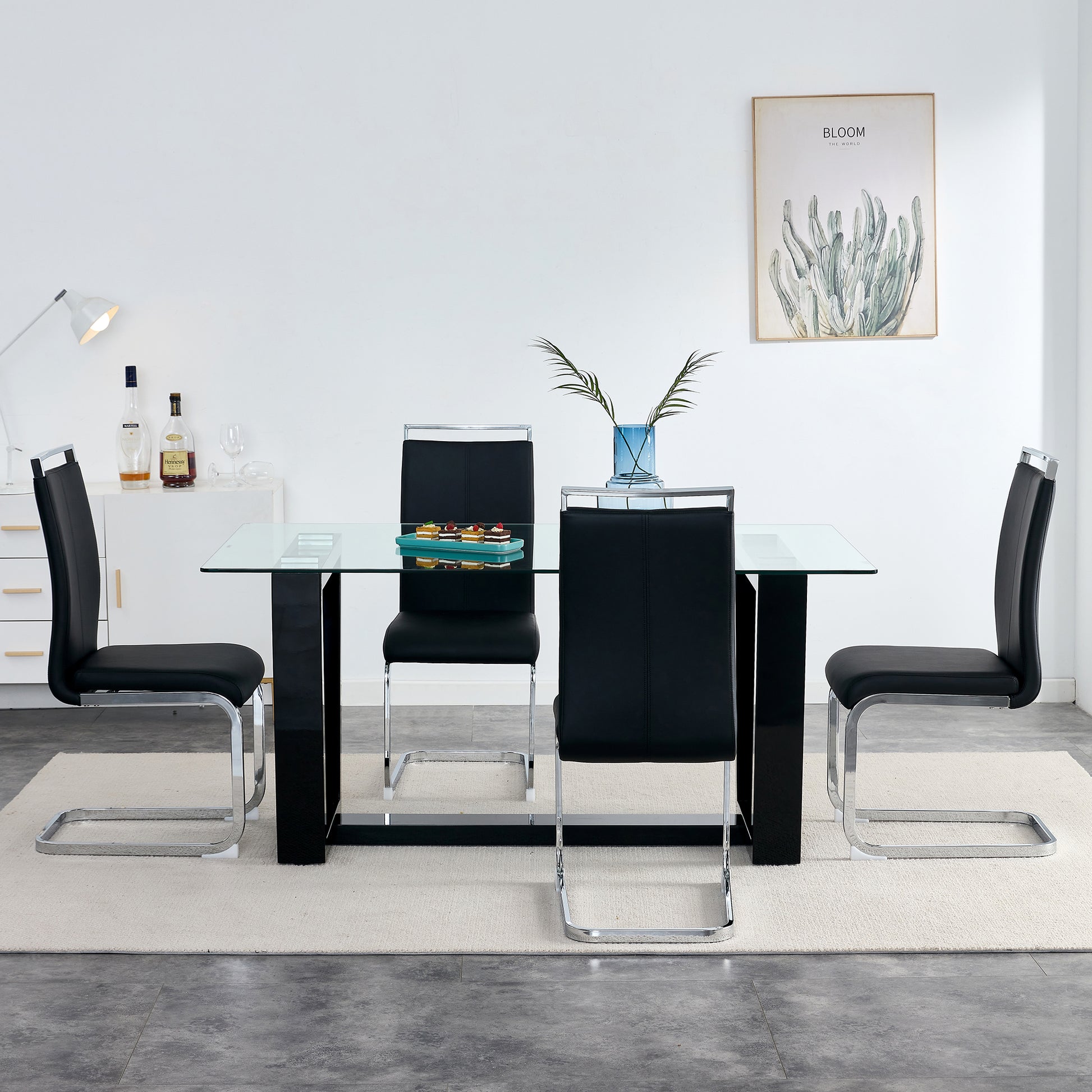 Seating 6 8 People, This Modern, Minimalist Rectangular Dining Table Features A Tempered Glass Top And A Sleek Black Mdf Stand. Suitable For Kitchen, Dining Room, Living Room, Meeting Room Transparent Mdf Glass