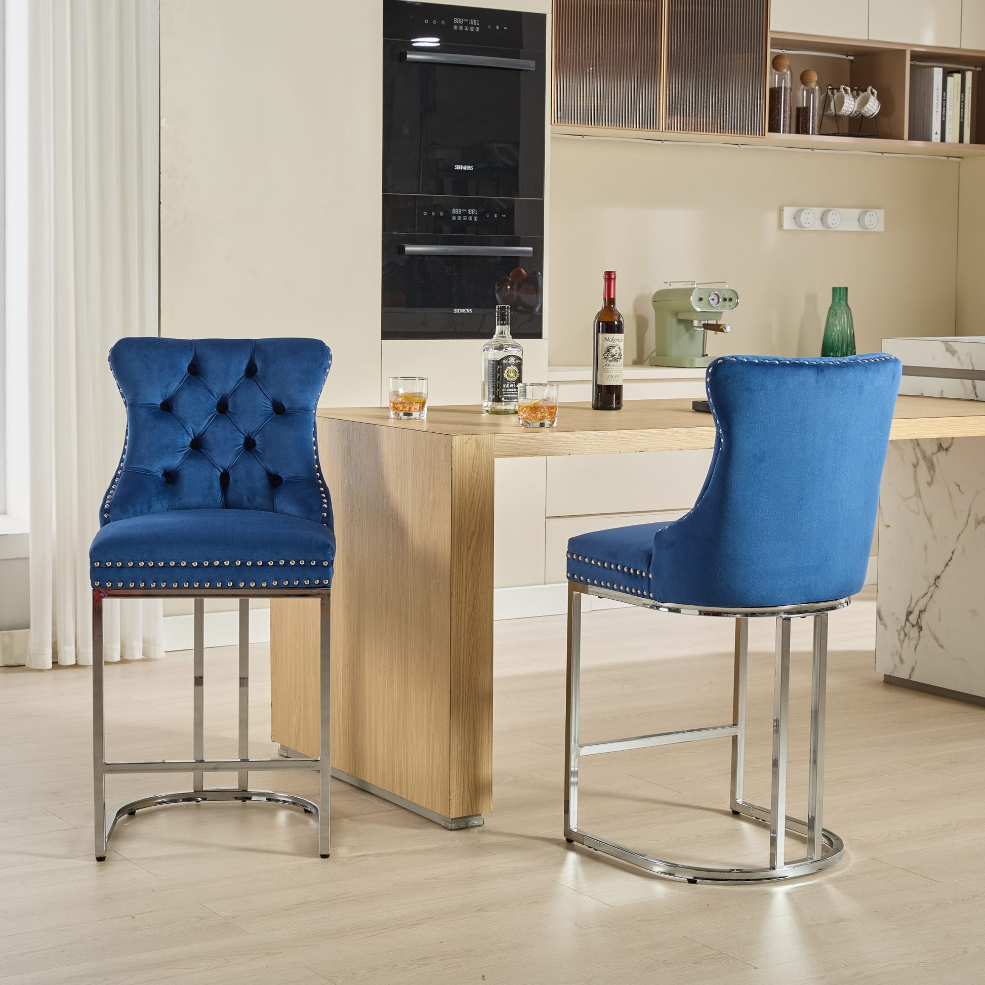 25" Counter Height Bar Stools Set Of 2, Modern Velvet Barstools With Button Back&Rivet Trim Upholstered Kitchen Island Chairs With Sturdy Chromed Metal Base Legs Farmhouse Bar Stools, Blue,2 Pack