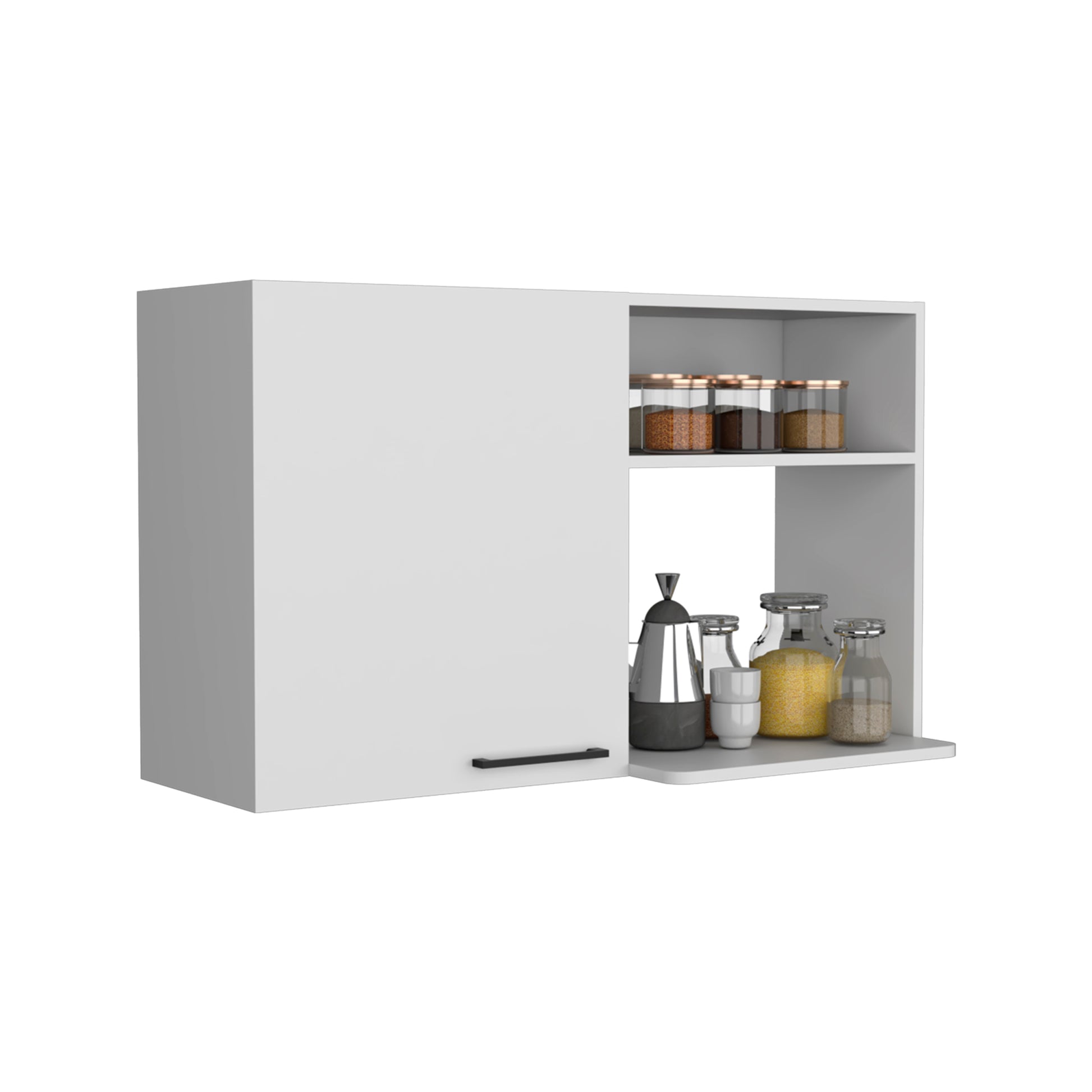 Stackable Wall Storage Cabinet 24" H, Two Internal Shelves, Two External Storage Shelves, One Door, White White Particle Board Particle Board