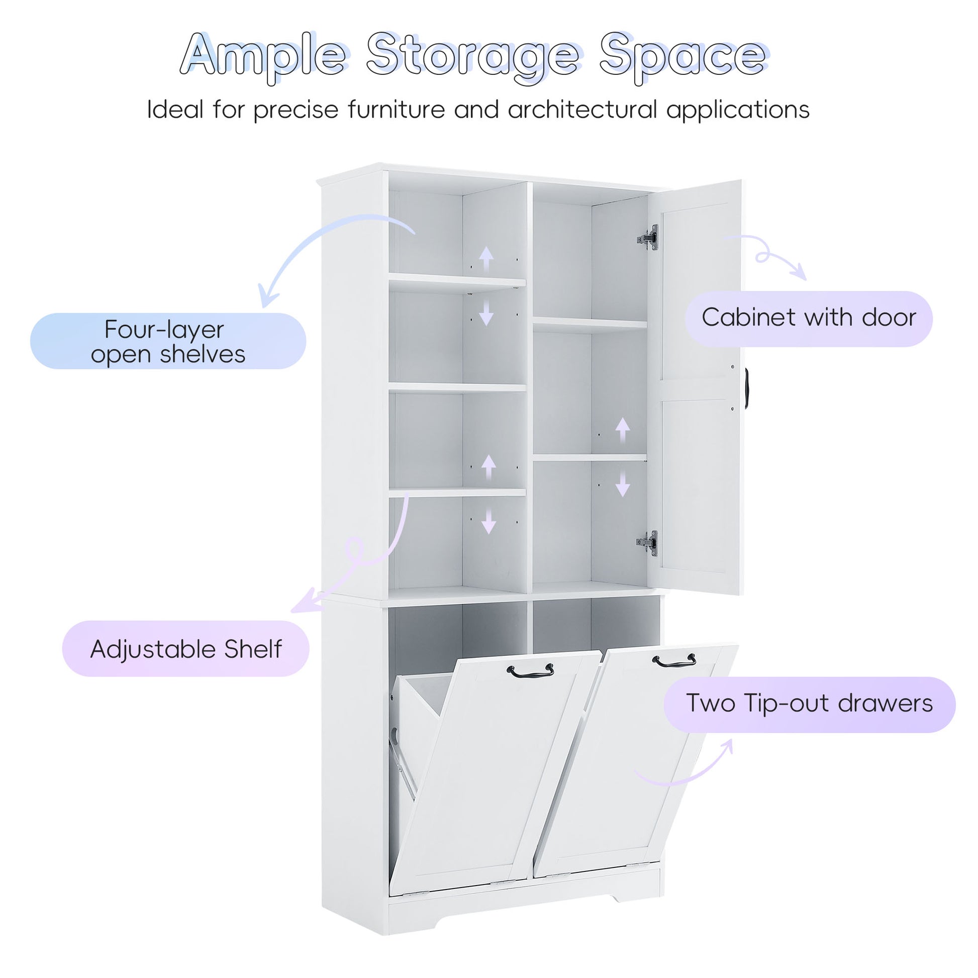 Bathroom Storage Cabinet With Doors And Drawers, Tilt Out Laundry Hamper, Multiple Storage Space, Freestanding Style, Open Shelve, Adjustable Shelf, White White Mdf