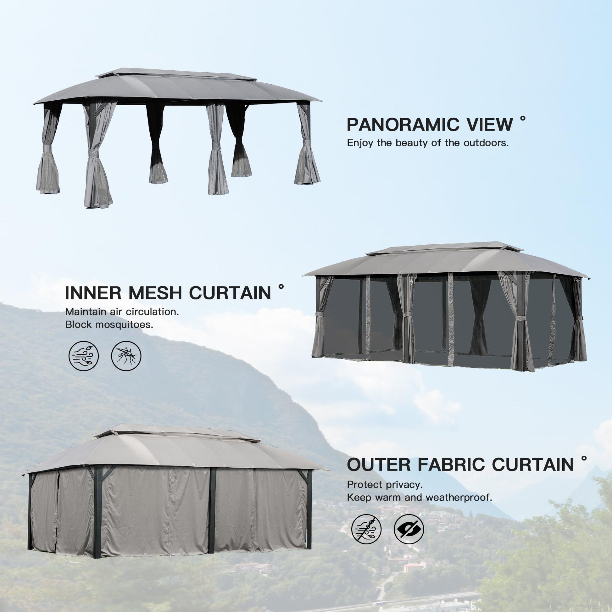 Gazebo 10X20Ft, Outdoor Gazebo With Double Roofs, Privacy Curtains, Mosquito Nettings, Heavy Duty Metal Frame Party Tent Canopy For Patio, Backyard, Deck, Lawn, Grey Gray Garden & Outdoor Uv Resistant Steel