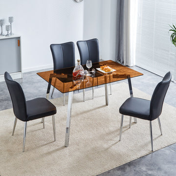 Table And Chair Set. Large Modern Rectangular Table With Brown Glass Top And Silver Metal Legs. It Comes With Soft And Comfortable Pu Seats, Faux Leather Upholstered Seats And Silver Metal Legs. Black,Brown Seats 4 Glass Metal