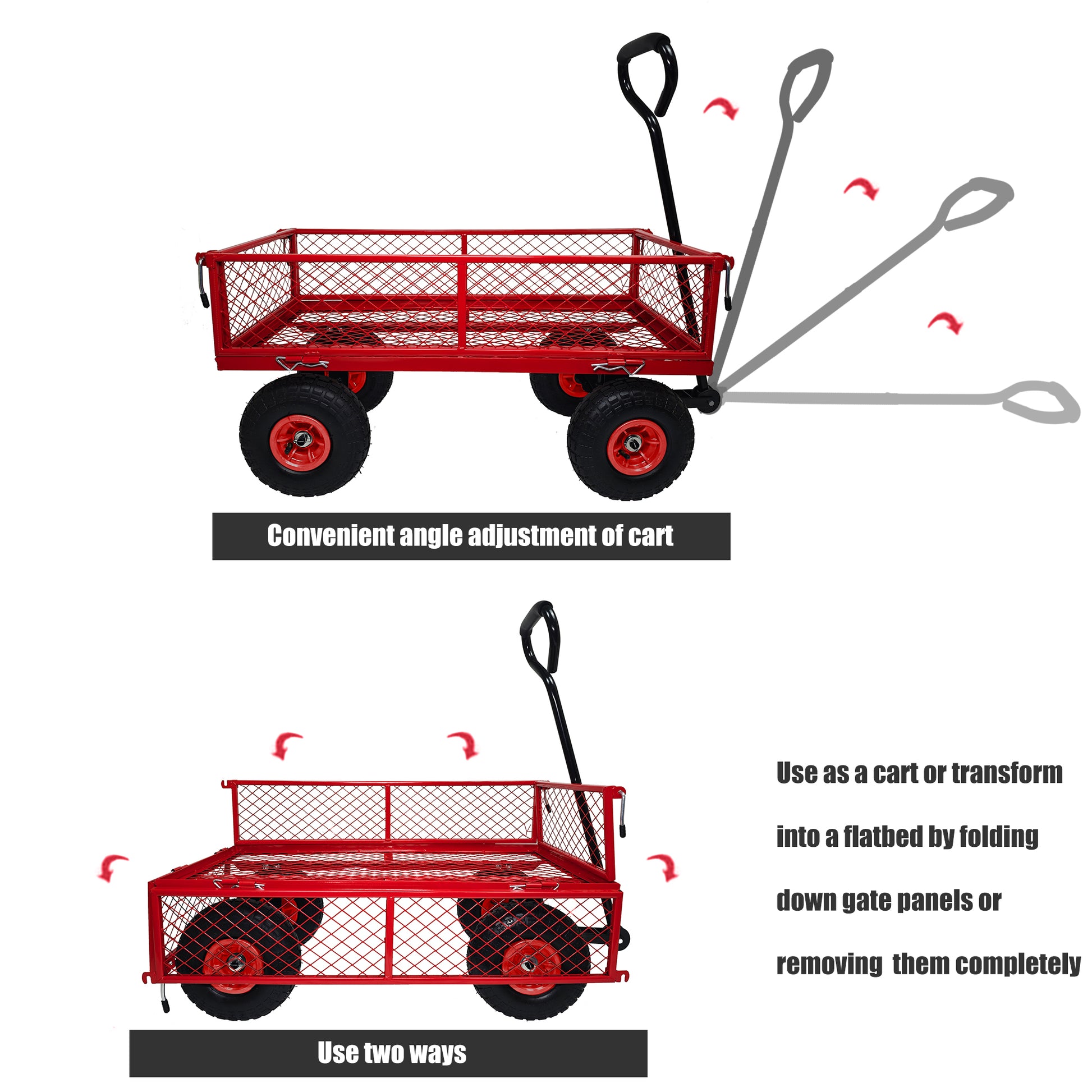 3 Cu. Ft. 300 Lbs. Capacity Removable Sides Metal Steel Mesh Heavy Duty Utility Wagon Outdoor Garden Cart In Red Red Steel