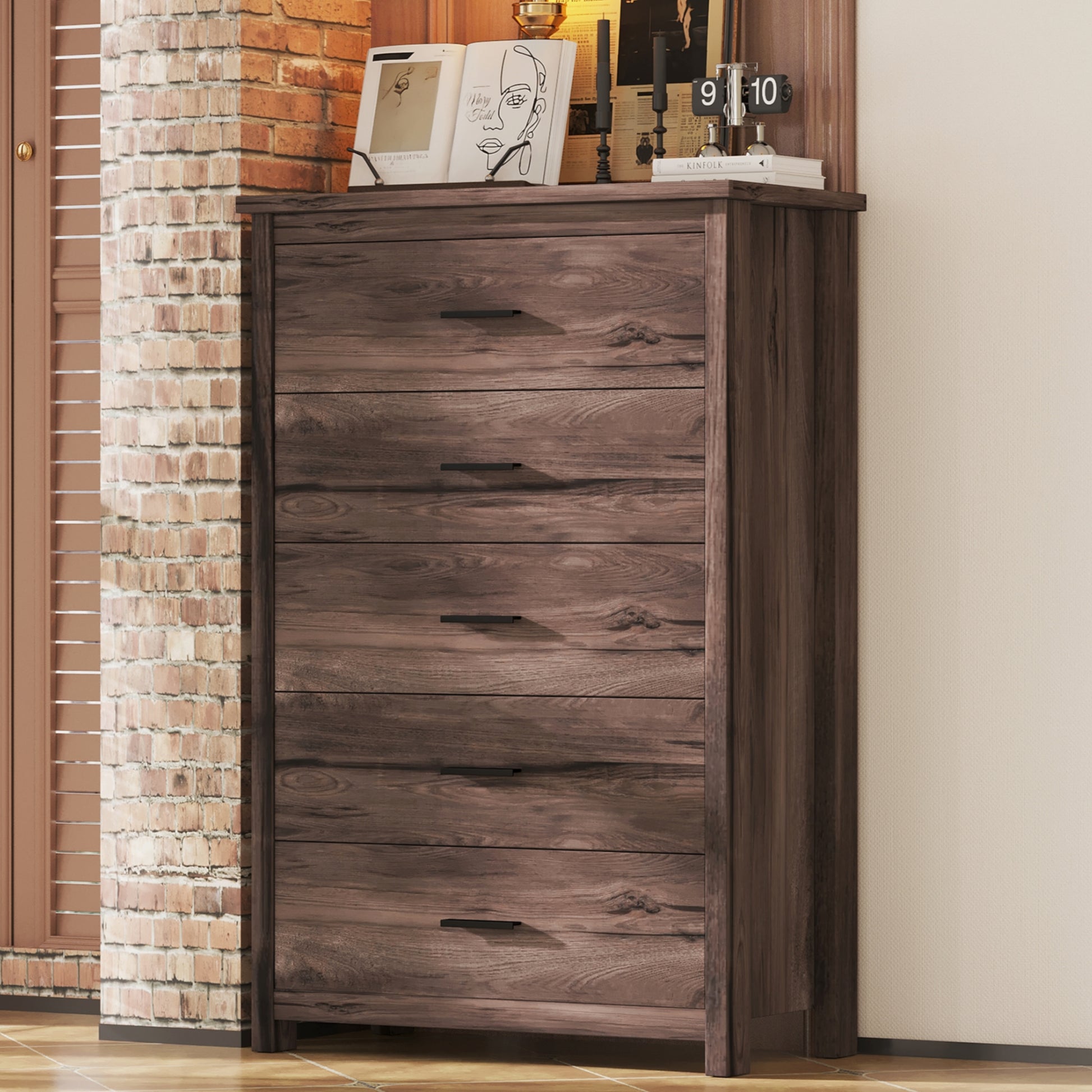 Retro American Country Style Wooden Dresser With 5 Drawer, Storage Cabinet For Bedroom, Dark Walnut Walnut Particle Board Mdf Retro American Country Style Wooden Dresser With 5 Drawer, Storage Cabinet For Bedroom, Dark Walnut Walnut Particle Board Mdf