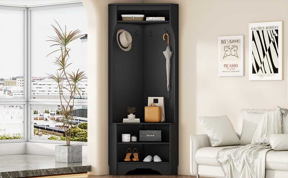 Minimalist Corner Hall Tree With Shoe Bench, Versatile Entryway Coat Rack With 4 Hooks, Corner Cabinet With Adjustable Shelf For Hallway, Living Room, Black, 29.5''W*71.6''H Black Particle Board