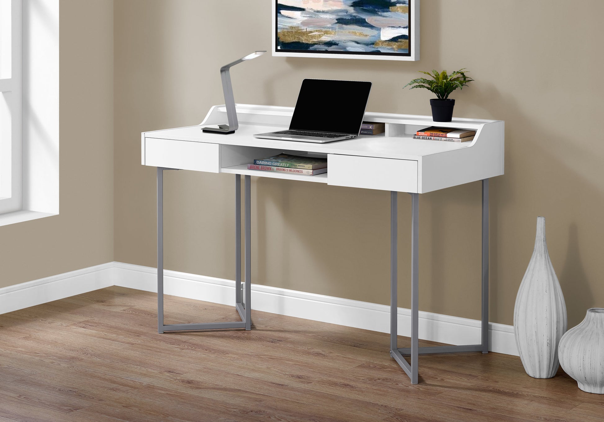 Computer Desk, Home Office, Laptop, Storage Drawers, 48"L, Work, White Laminate, Grey Metal, Contemporary, Modern White Mdf