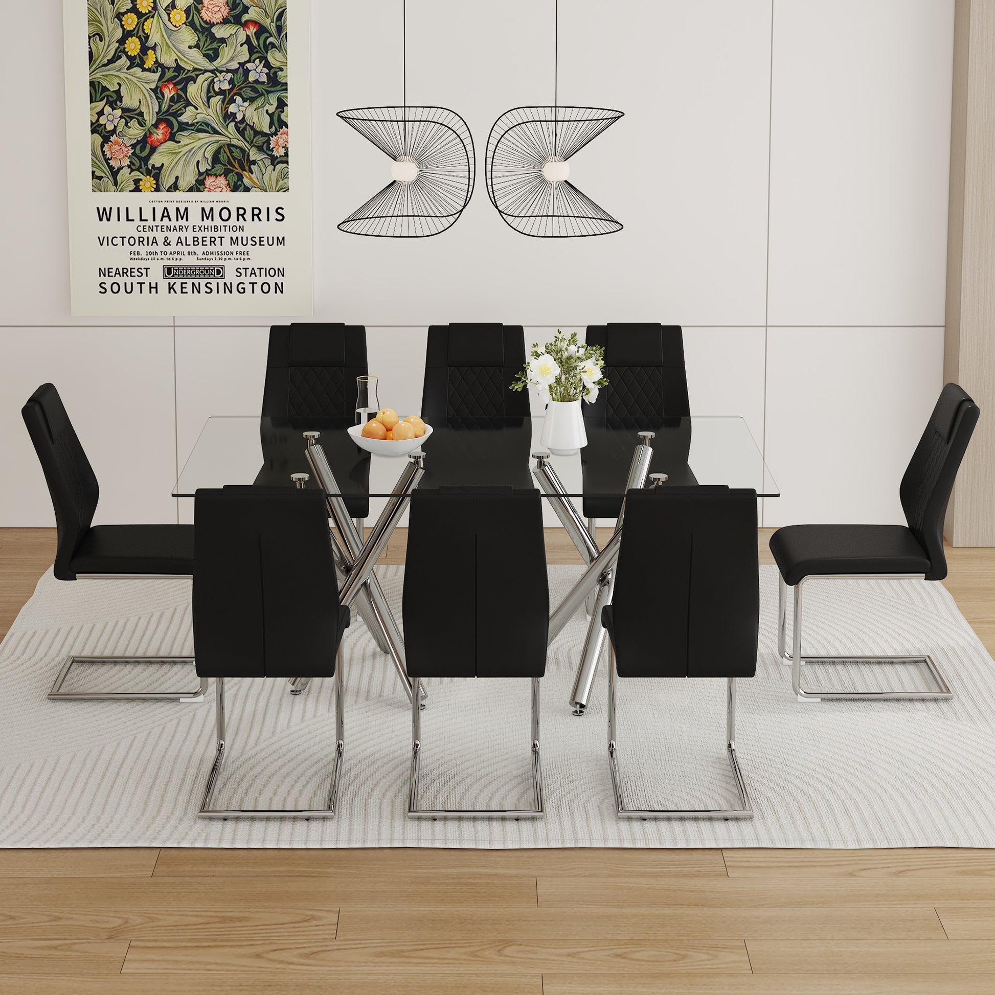 Table And Chair Set.Large Minimalist Rectangular Glass Dining Table For 6 8 With 0.39" Tempered Glass Tabletop And Silver Chrome Metal Legs.Paried With Comfortable Chairs With Pu Seats And Metal Legs. Silver Seats 8 Glass Metal