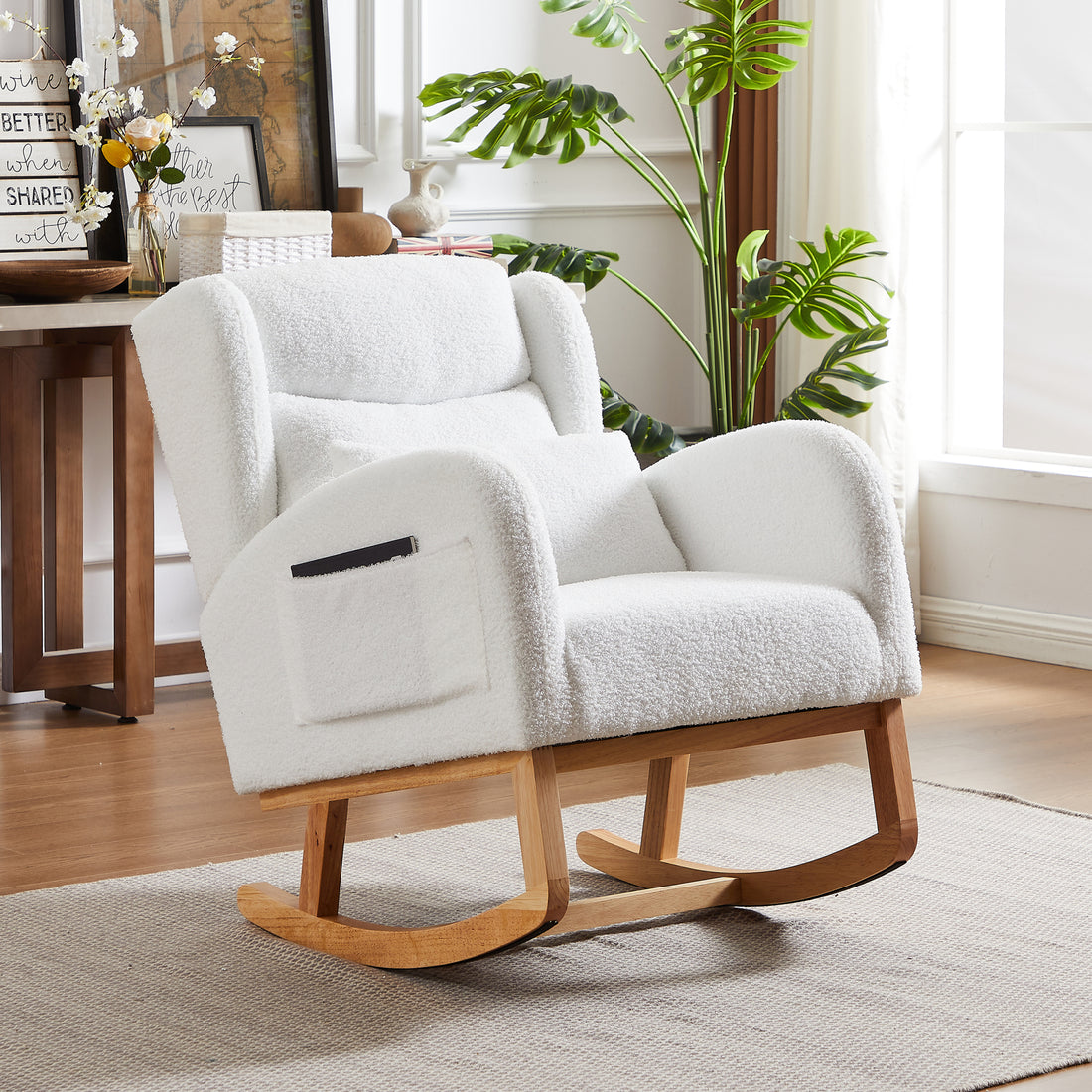 27.2"W Modern Accent High Backrest Living Room Lounge Arm Rocking Chair, Two Side Pocket Ivory Foam Fabric