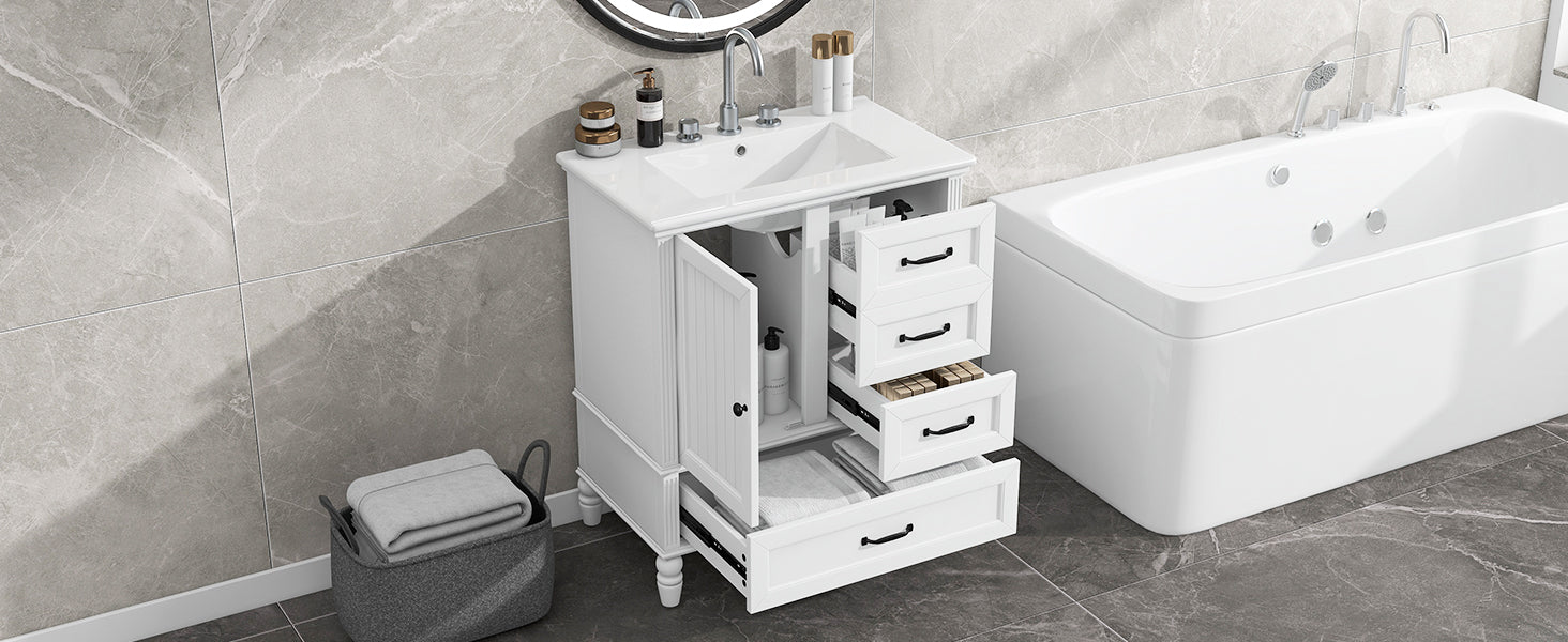 30" Bathroom Vanity With Sink, Bathroom Cabinet With A Door, Three Drawers, Solid Wood Legs & Mdf Board, Adiustable Foot Pads, White White Mdf